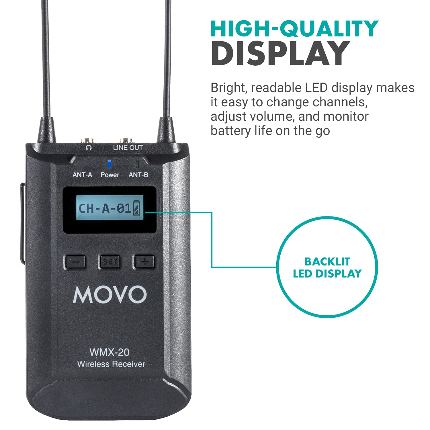 Movo WMX-20-RX Receiver for Wireless Lavalier Microphone System - For WMX-20 UHF Wireless Microphone System - Pairs w/ 2x Lapel Microphone Wireless Transmitters - Headphone Monitoring for Wireless Mic  - Like New