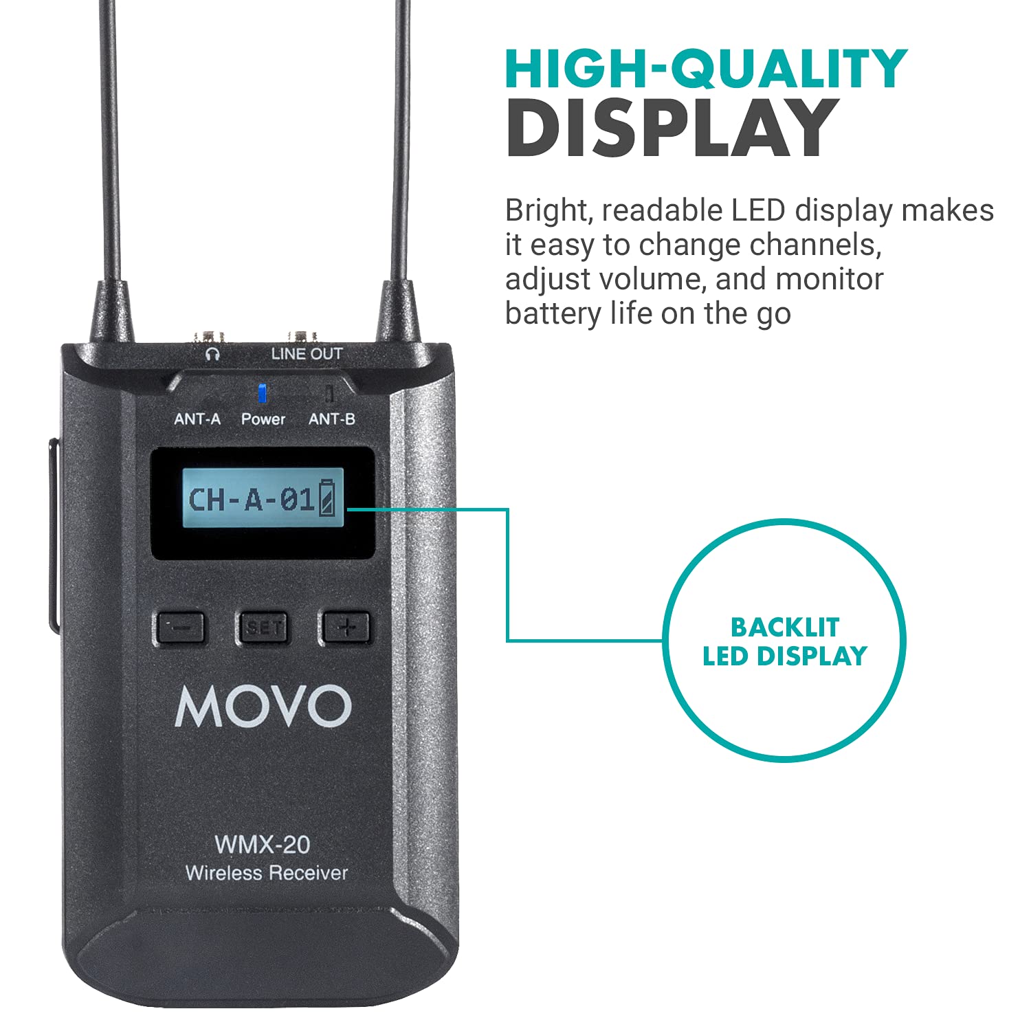 Movo WMX-20-RX Receiver for Wireless Lavalier Microphone System - For WMX-20 UHF Wireless Microphone System - Pairs w/ 2x Lapel Microphone Wireless Transmitters - Headphone Monitoring for Wireless Mic  - Very Good