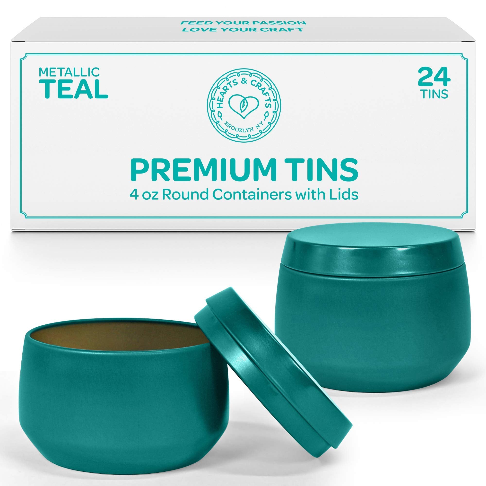 Hearts & Crafts Teal Candle Tins 4 oz with Lids - 24-Pack of Bulk Candle Jars for Making Candles, Arts & Crafts, Storage, Gifts, and More - Empty Candle Jars with Lids  - Like New