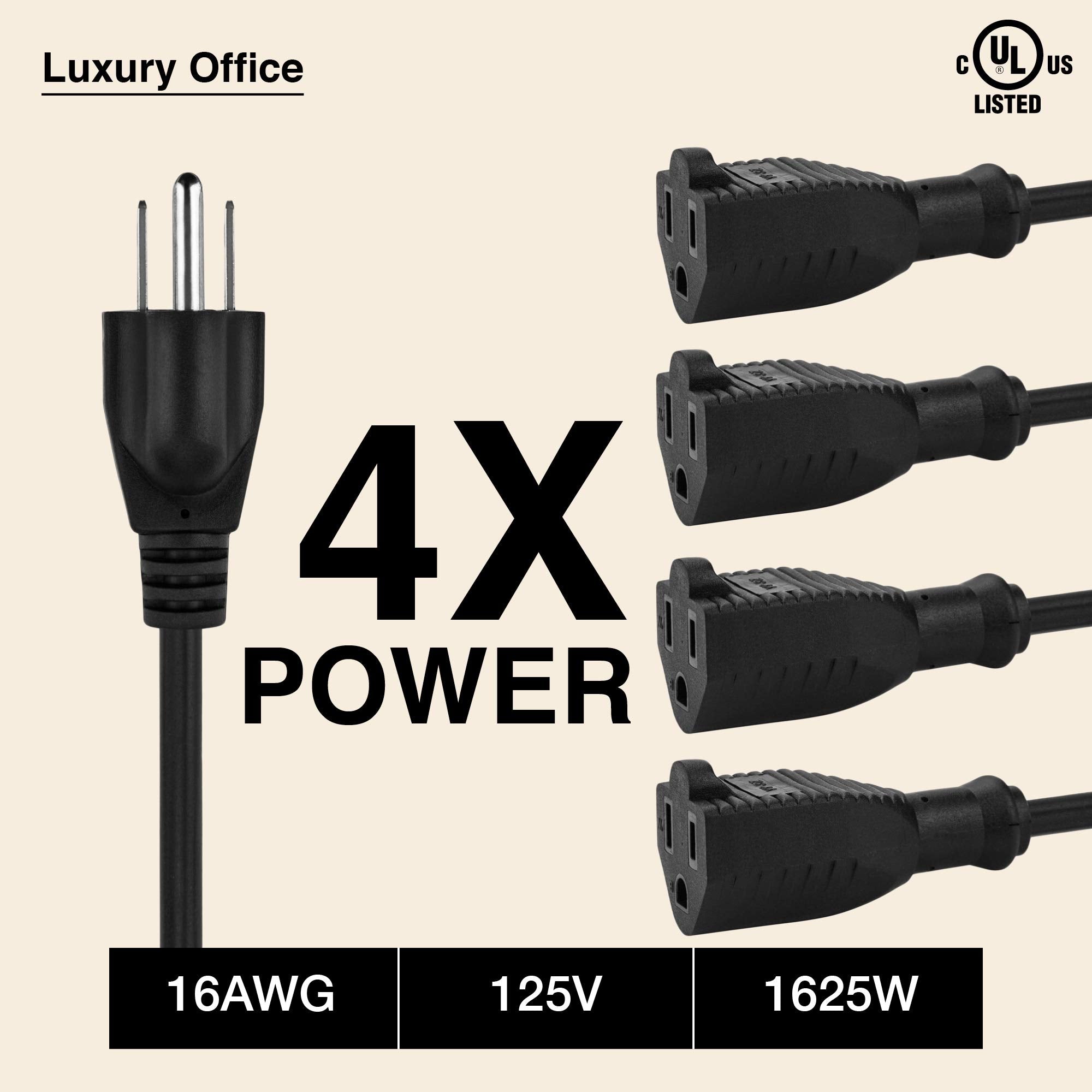 4 Way Power Splitter - 1 to 4 Extension Cord Splitter, 6' Long Extension Cord, Outlet Splitter 3 Prong, Power Strip Outlet Plug, Y Style Extension Cord, Black, SJT 16 AWG by Luxury Office  - Like New