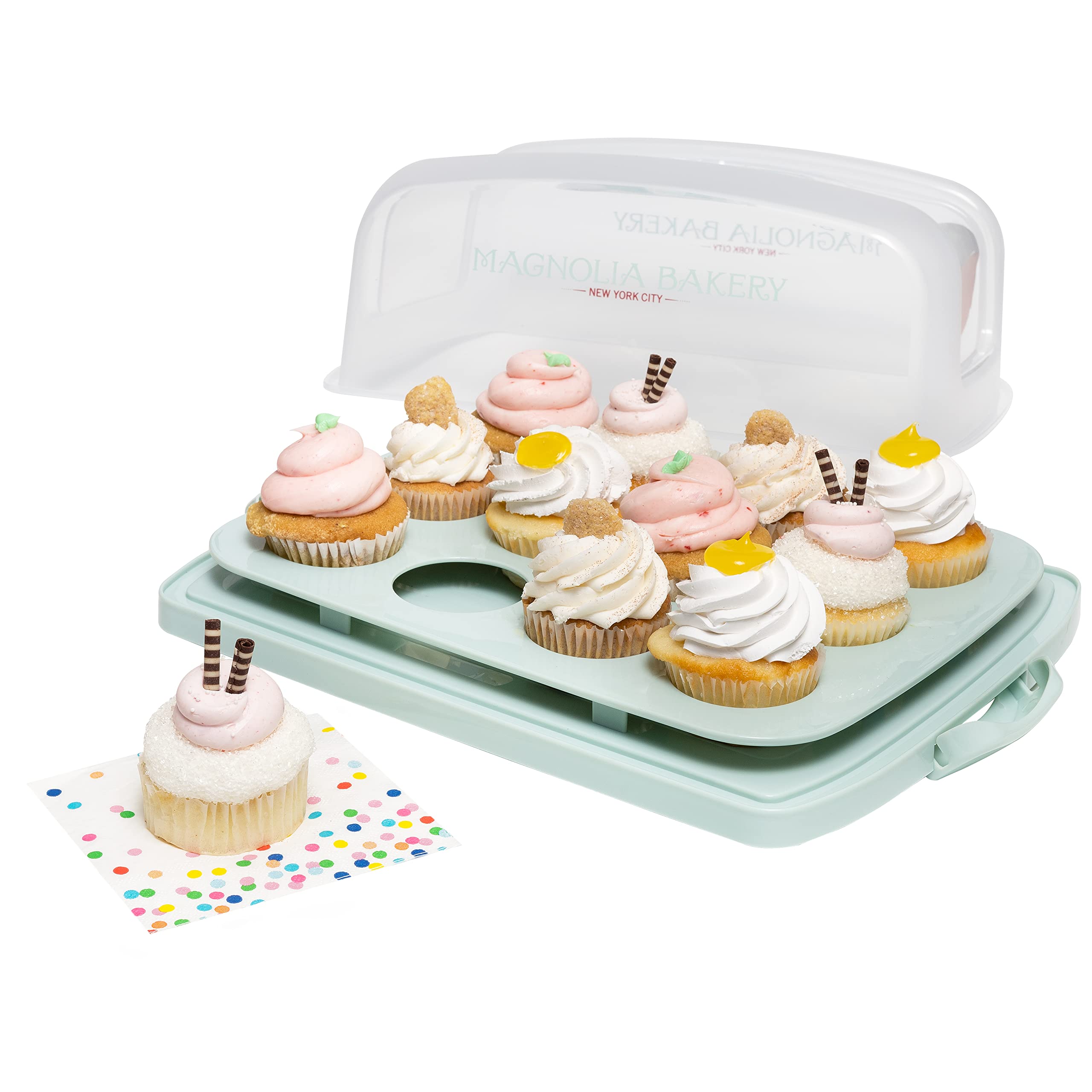 MosJos 2in1 Cupcake Carrier and Cake Keeper with Lid, Cupcake Box to Fit 12, Sturdy, BPA-Free Cupcake Holder with Two Secure Side Closures, Dishwasher Safe  - Like New