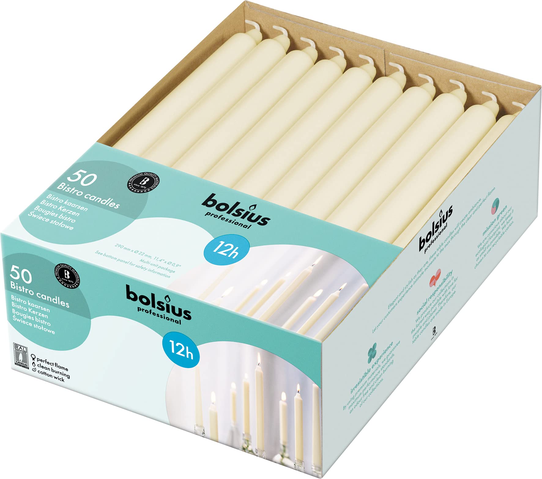 BOLSIUS Ivory Candlesticks Bulk Pack 50 Count - Unscented Dripless 11.5 Inch Household & Dinner Candle Set - 12+ Hours - Premium European Quality - Consistent Smokeless Flame - 100% Cotton Wick  - Like New