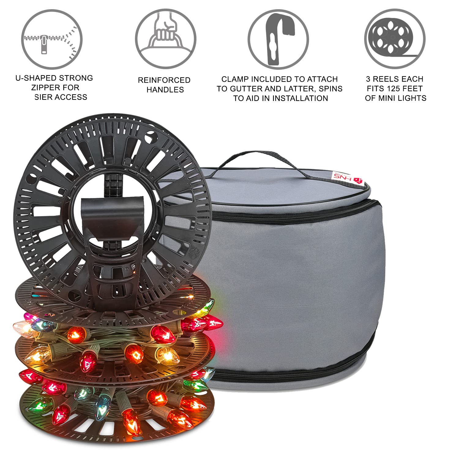 Premium Christmas Light Storage Bag – Heavy Duty Tear Proof 600D/Inside PVC Material with Reinforced Handles - with 3 Reels Stores up to 375 Ft of Mini Christmas Tree Lights & Extension Cords  - Like New