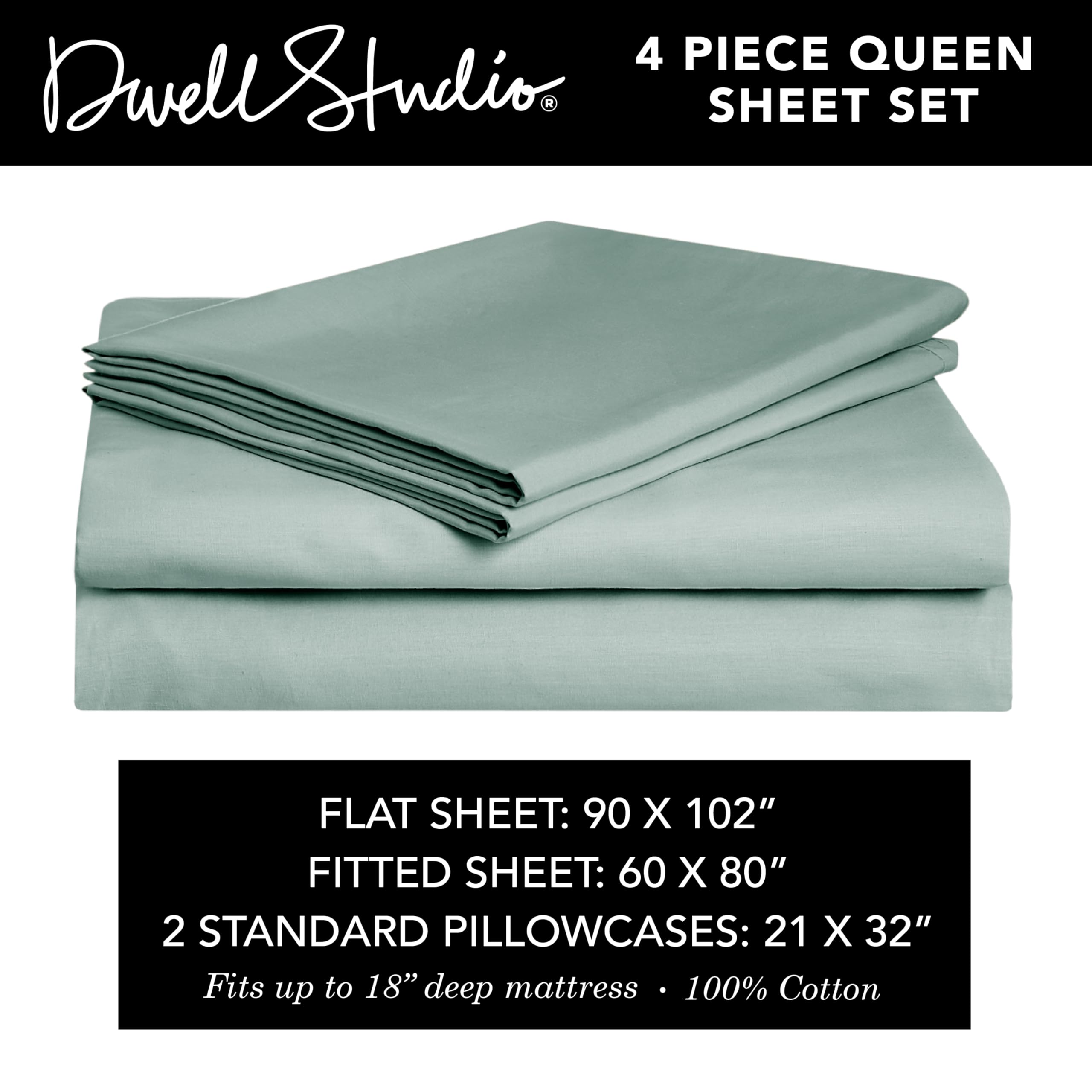 Dwell Studio 100% Cotton Percale Sheet Set - Deep Pocket, 4 Piece - 1 Flat, 1 Deep Pocket Fitted Sheet and 2 Pillowcases, Crisp Cool and Strong Bed Linen  - Like New