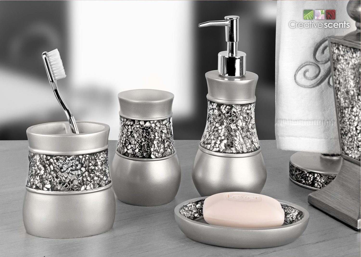 Creative Scents Silver Hand Soap Dispenser for Bathroom, Decorative Countertop Lotion Dispenser, Elegant Crackled Glass Liquid Soap Dispenser with Sturdy Pump for Classic Bathroom D�cor  - Very Good