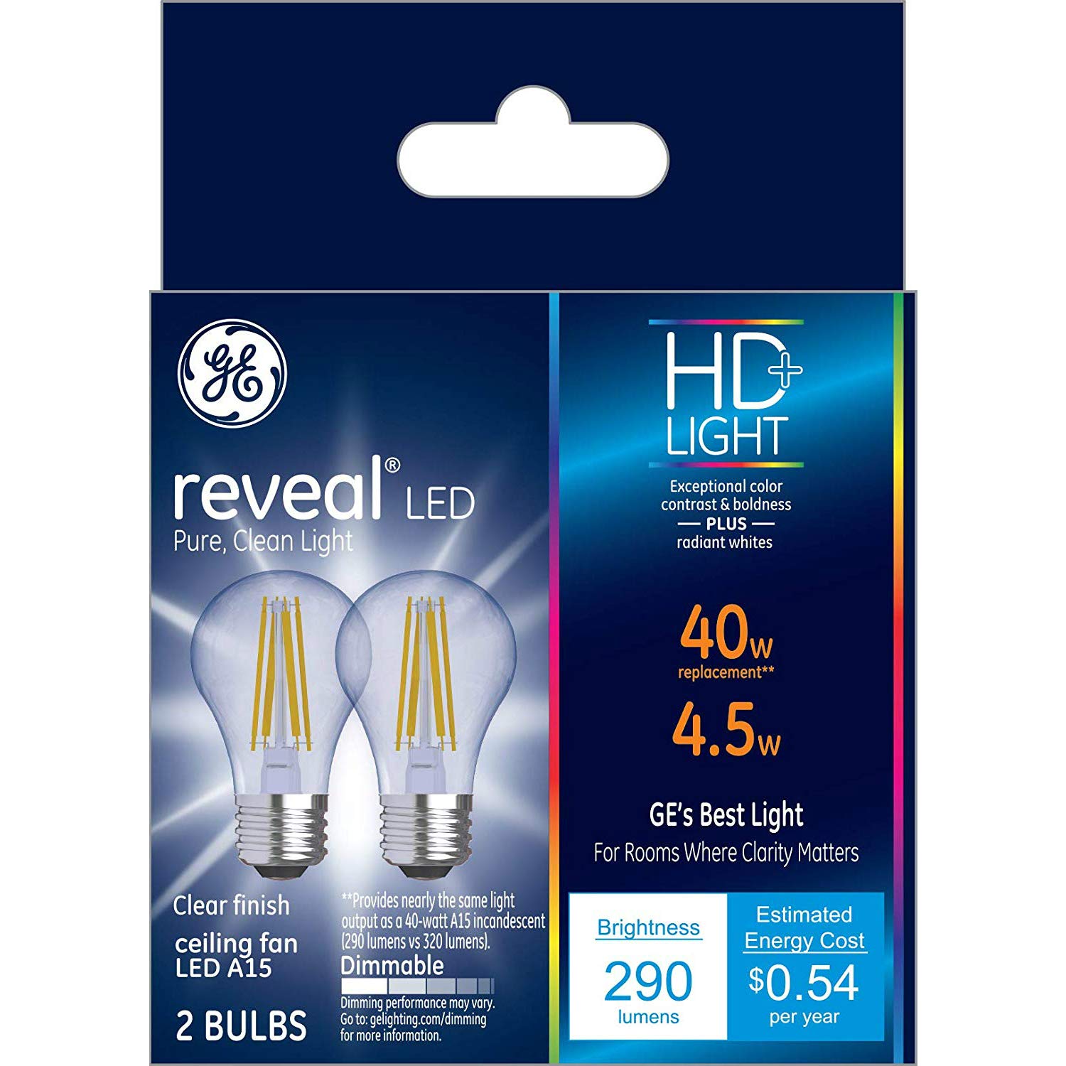 GE Reveal LED Ceiling Fan Light Bulbs, 3.5 Watt (40 Watt Equivalent) Daylight HD+ Light  - Like New