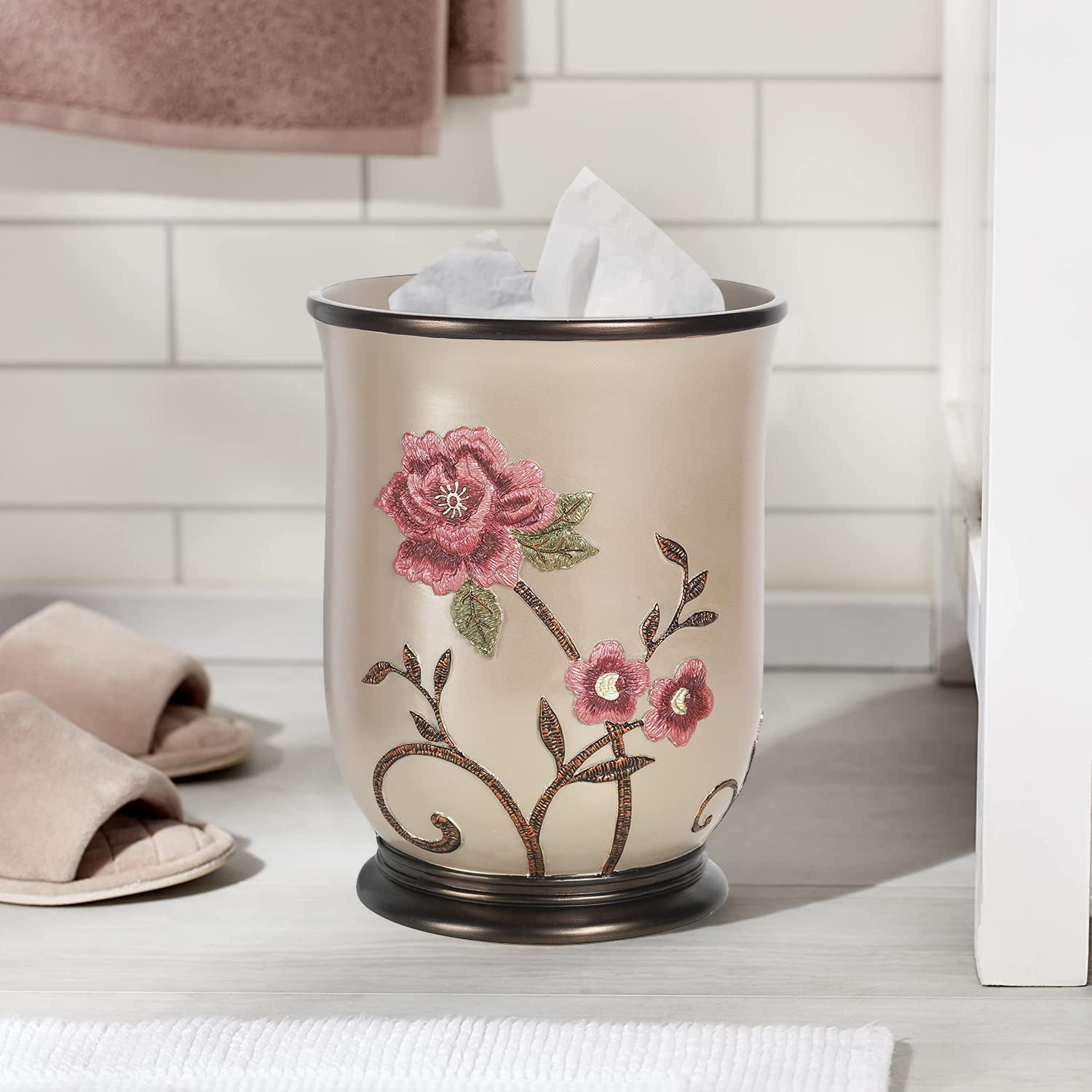 Popular Bath Waste Basket, Larrisa Collection, Rose Design  - Like New