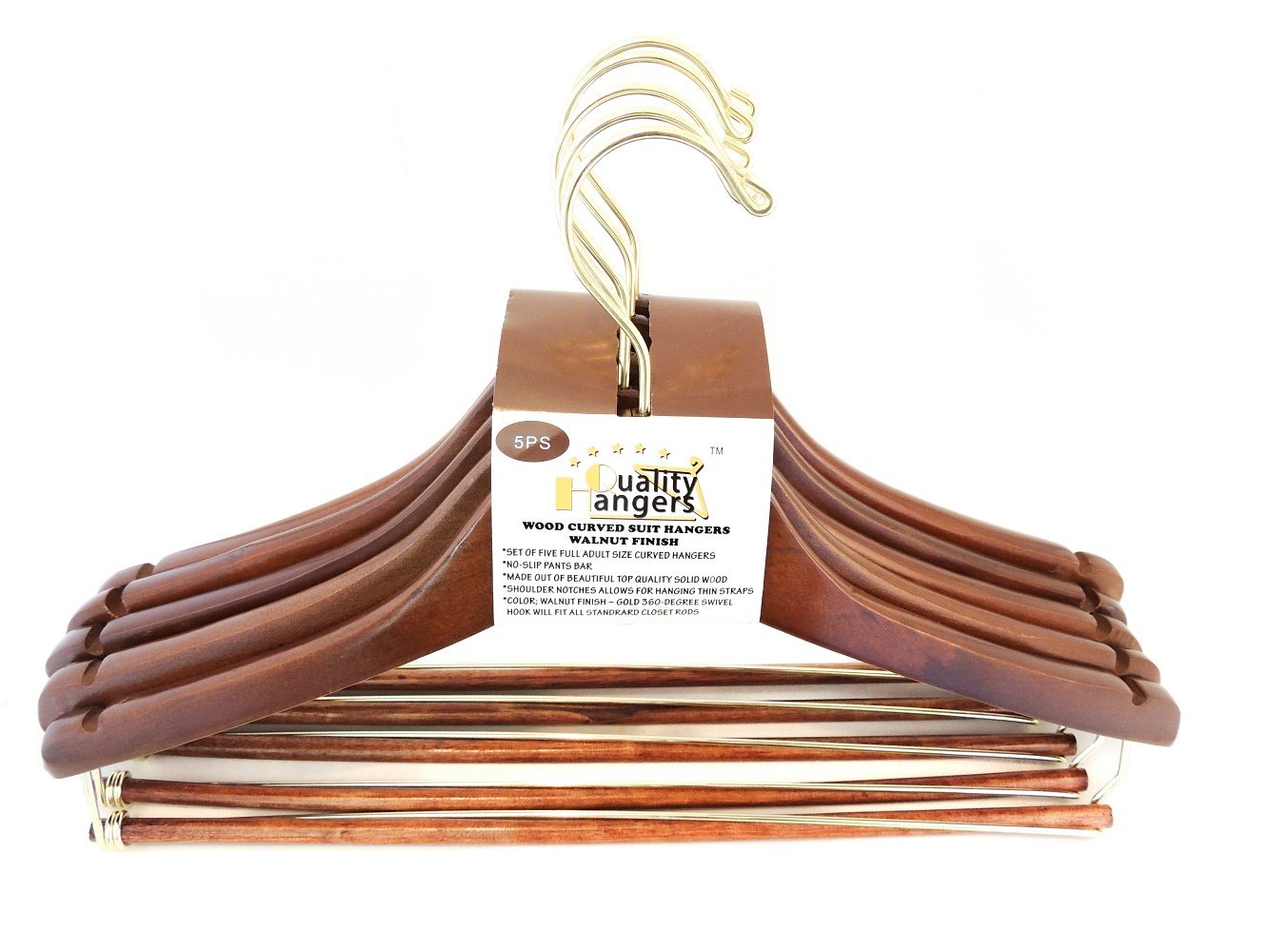 Quality Hangers Wooden Hangers Beautiful Sturdy Suit Coat Hangers with Locking Bar Gold Hooks  - Like New