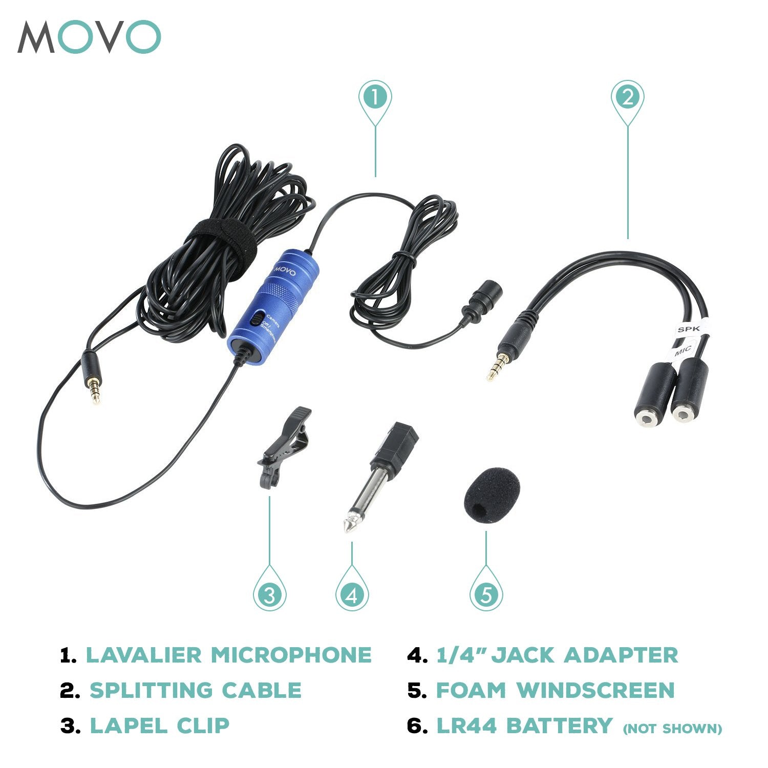 Movo LV1 Lavalier Lapel Clip-on Omnidirectional Condenser Microphone with Headphone Monitoring for DSLR Cameras, Camcorders, iPhone and Android Smartphones (Blue)  - Like New