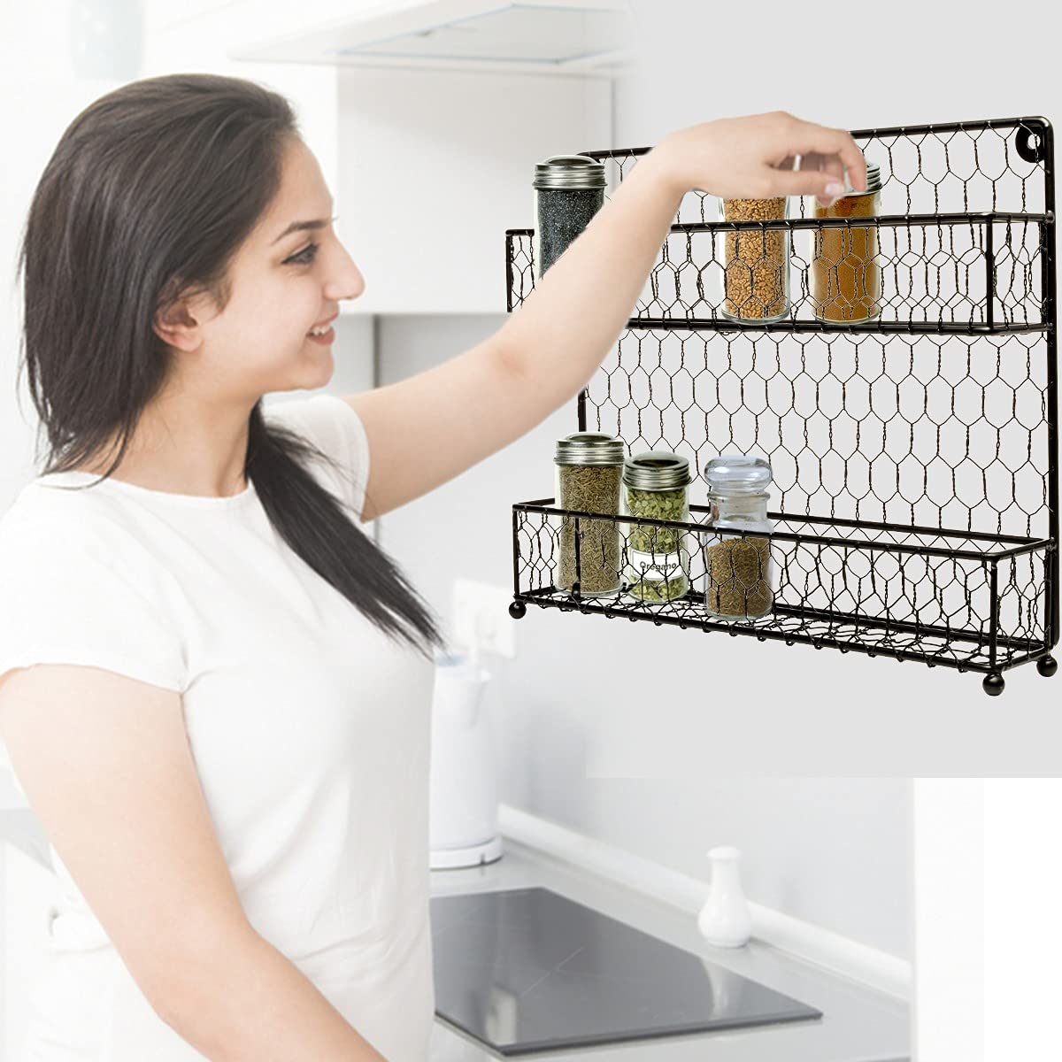 Homeries 2 Tier Wall Spice Rack For Kitchens | Stylish Wall Mounted Spices And Seasonings Storage Rack | Organize Your Home, Eliminate Clutter & Add Some Beautiful Rustic Decor To Your Walls  - Like New