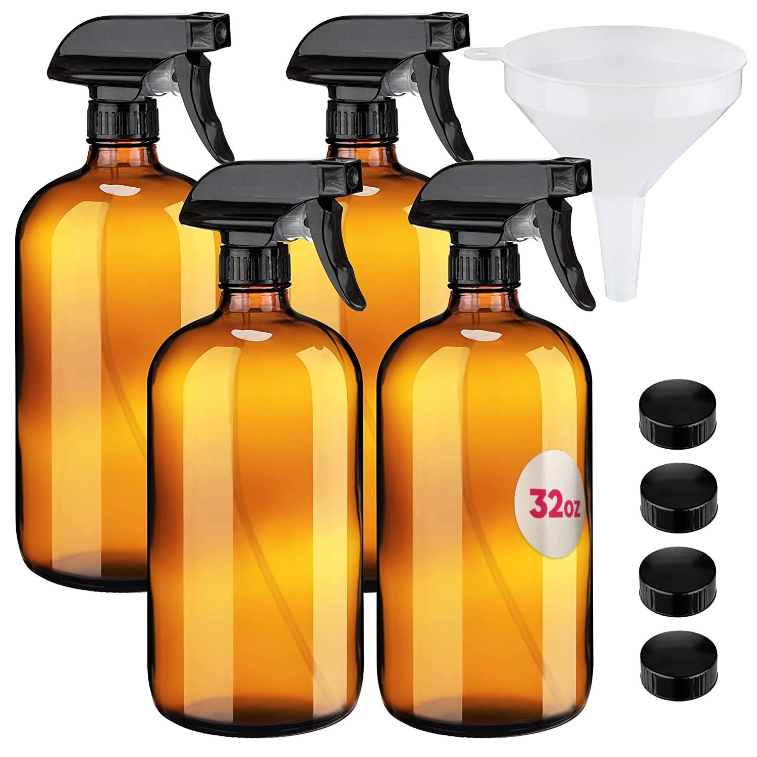 kitchentoolz Large 32oz Amber Glass Spray Bottles with Funnel - Refillable Trigger Sprayer Containers for Oils, Cleaning Products, Plant Misting, Cooking, Hair, and Beauty.  - Like New