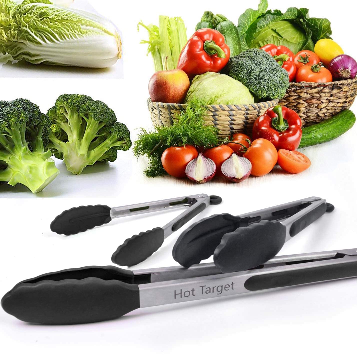 Hot Target Set of 3: 7, 9, 12 inches, Heavy Duty, Non-Stick, Stainless Steel Silicone BBQ and Kitchen Tongs. Heat resistant up to 600°F  - Like New