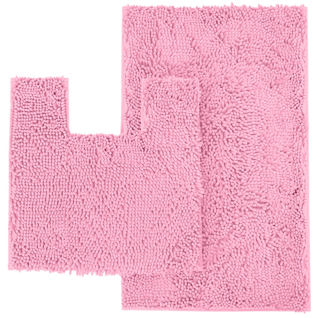 Pink Bathroom Rugs Chenille 2-Piece Bath Mat Set, Soft Plush Bath Rug +Toilet Mat.1'' Microfiber Shaggy Carpet, Super Absorbent Machine Washable (Curved Set Square, Pink)  - Like New