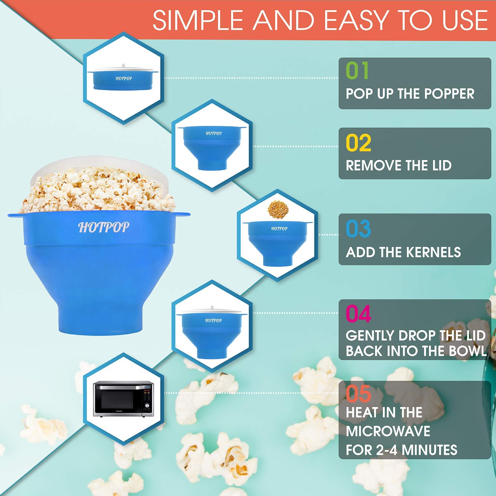 The Original Hotpop Microwave Popcorn Popper, Silicone Popcorn Maker, Collapsible Bowl BPA-Free and Dishwasher Safe- 20 Colors Available (Azure)  - Like New