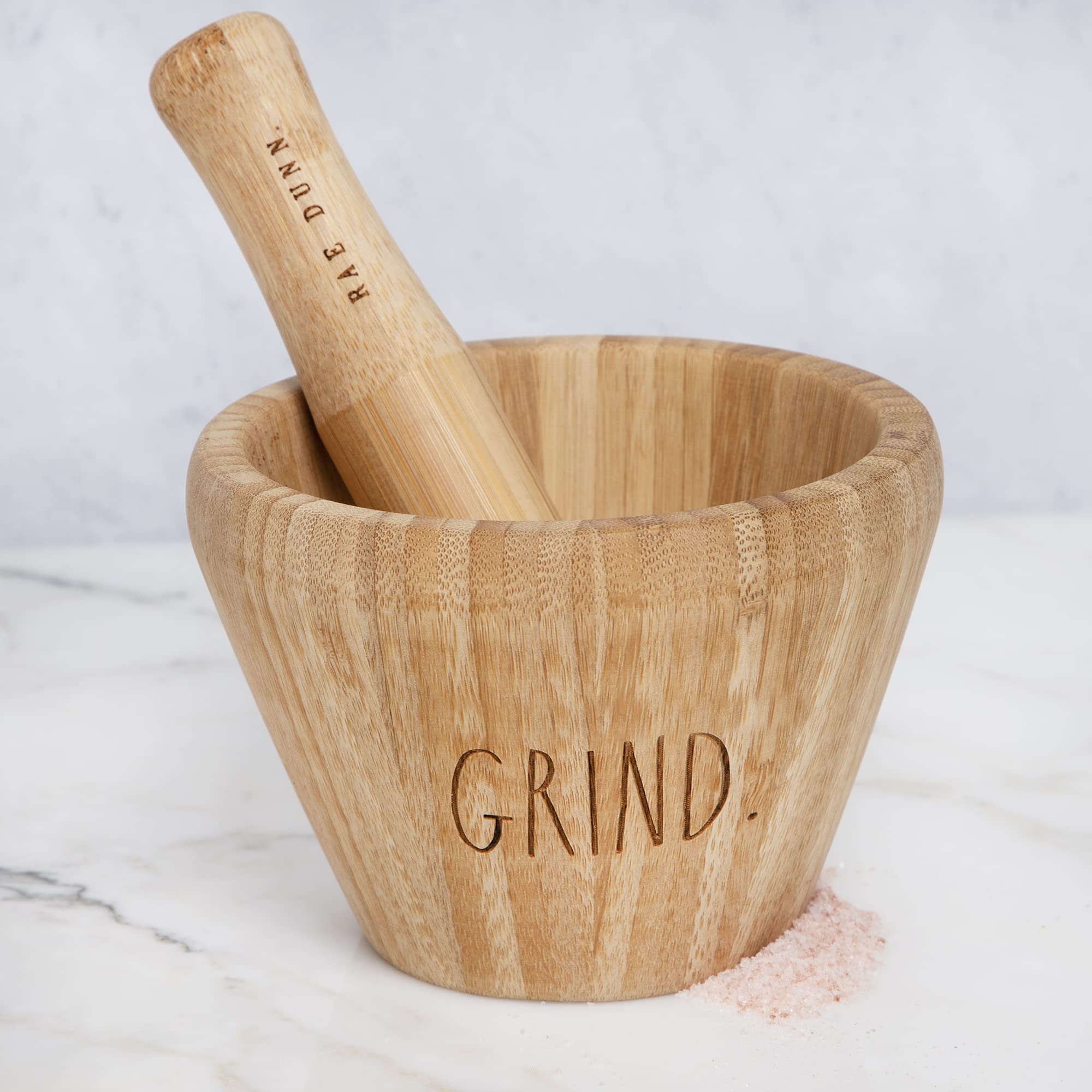 Rae Dunn Bamboo Mortar and Pestle - Bamboo Spice Grinder, Crush, Press, Mash Spices, Herbs, Garlic, Pepper, Guacamole, Pesto, Nuts, Fruit, 3.3 inch Wooden Mortar and Pestle Set for Kitchen  - Like New