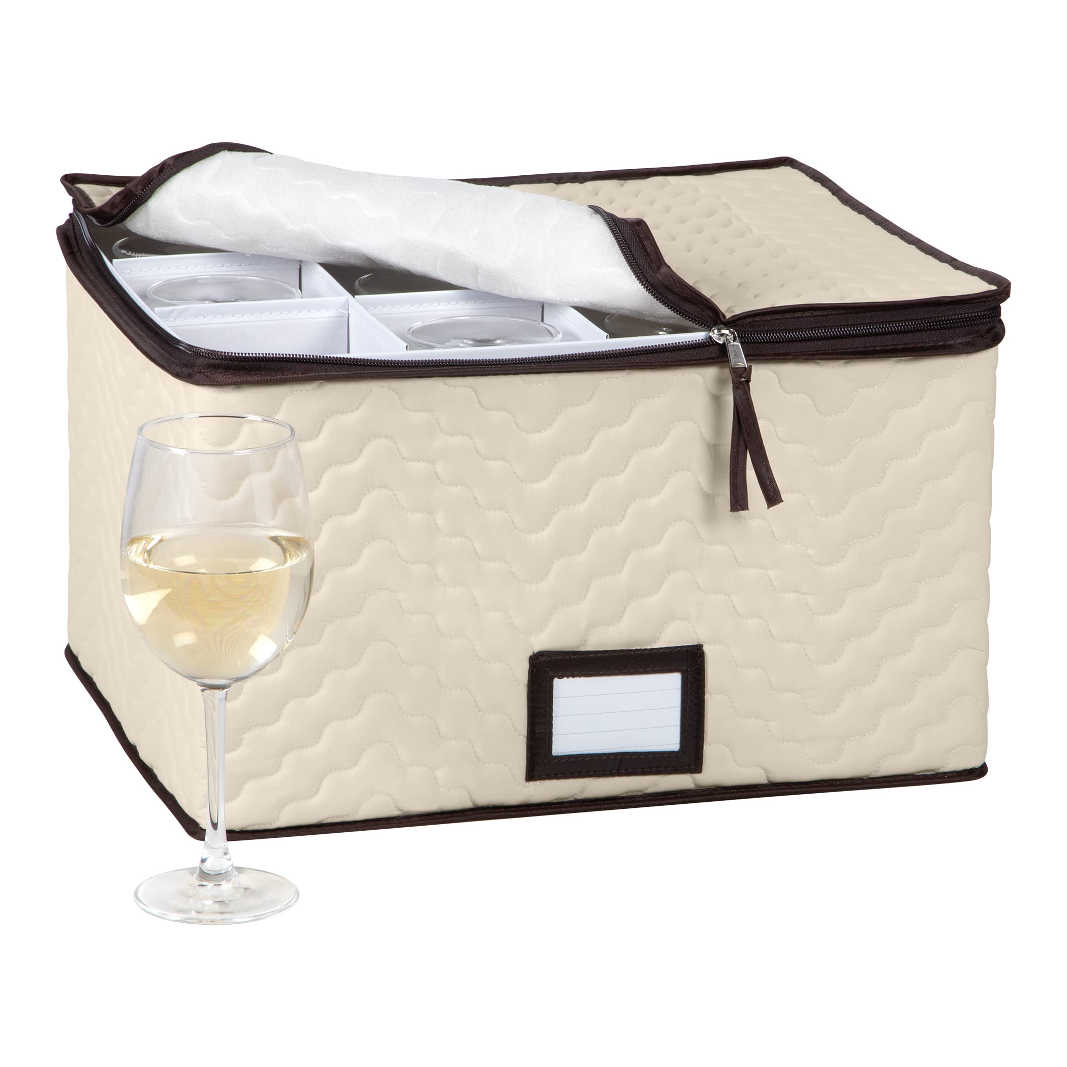 Wine Glass Storage Box with Dividers - Holds 12 Standard Size Wine Glasses up to 10" Tall - Stemware Storage Case - Protects Fine China - Durable Quilted Microfiber Bin with Carry Handles  - Very Good