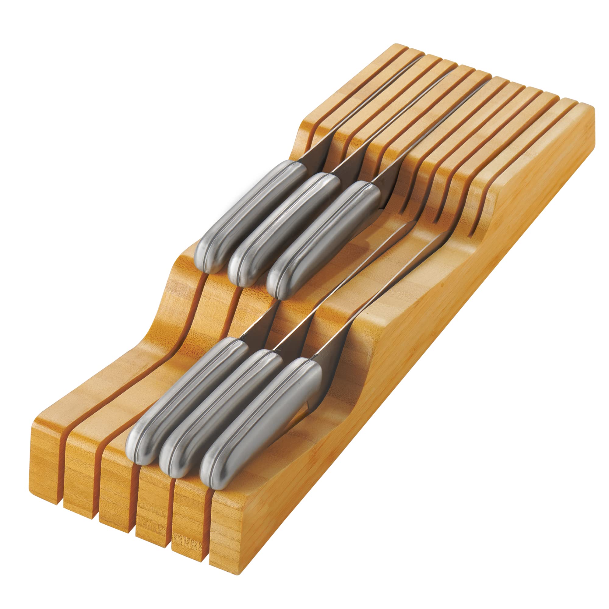 In-Drawer Knife Block Organizer - Bamboo Wood Drawer Knife Organizer - Holds 5 Long + 6 Short Knives (Not Included) - Store Knives with Blades Pointing Down  - Like New