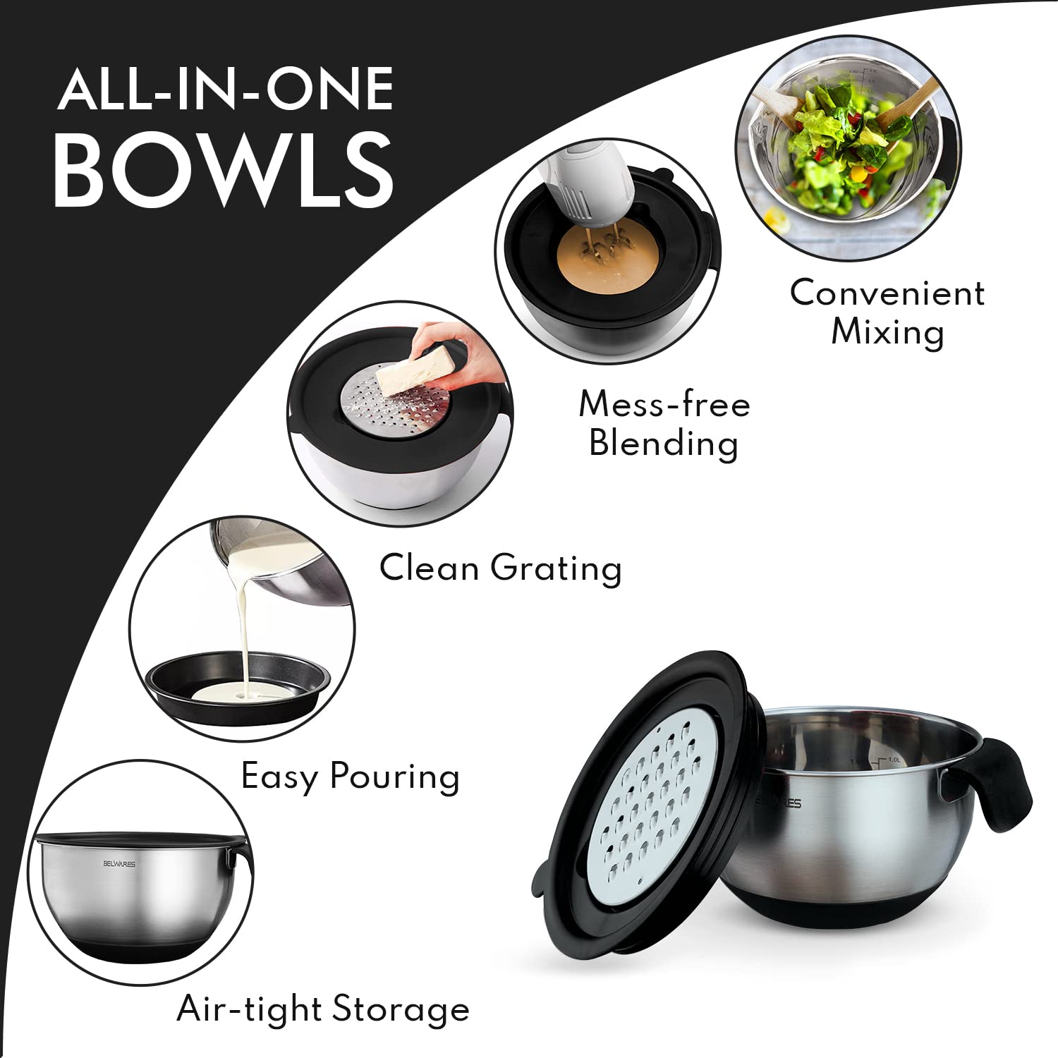 Belwares Mixing Bowls with Lids Set - Nesting Bowls with Graters, Handle, Pour Spout, Airtight Lids - Stainless Steel Non-Slip Mixing Bowl for Cooking, Baking, Prepping, Food Storage  - Good