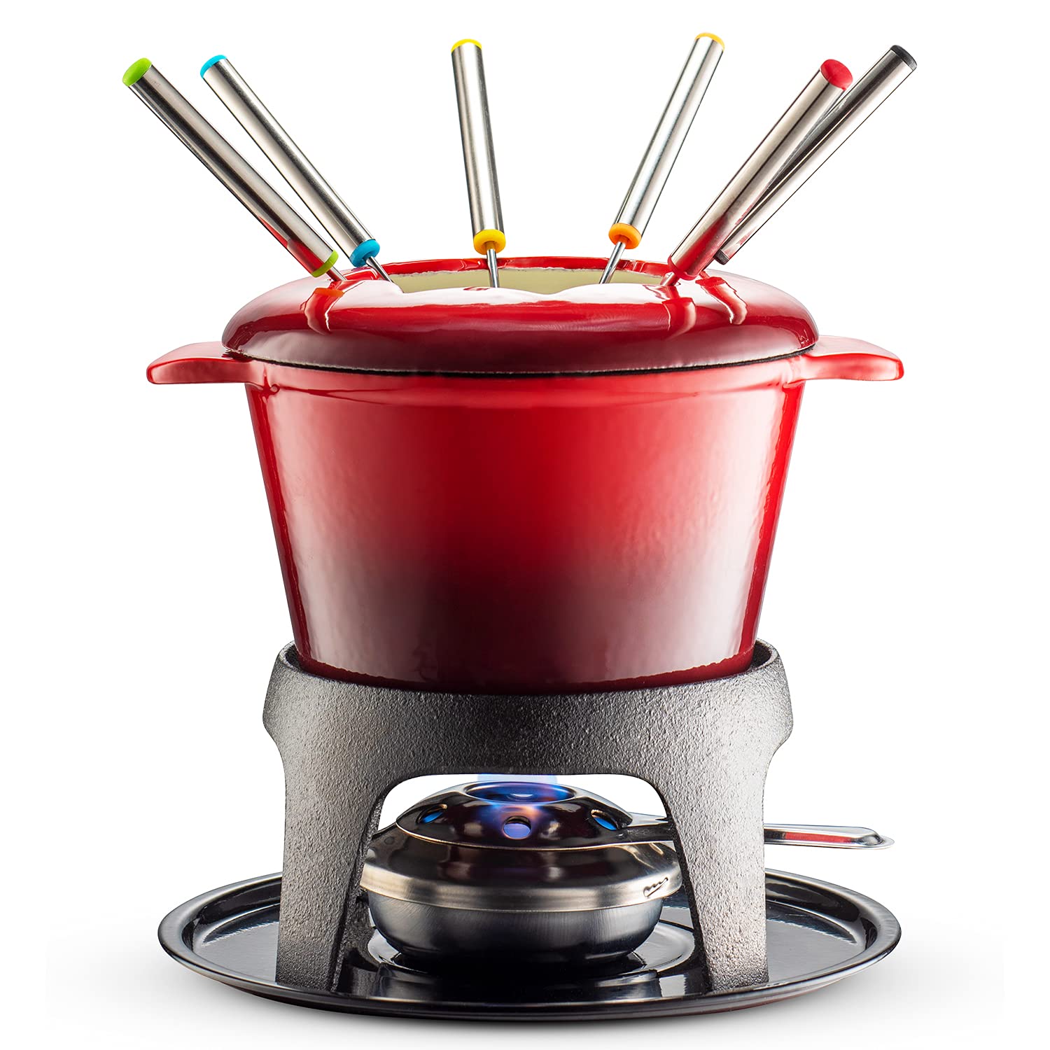 Klee 12-Piece Cast Iron Fondue Set with Red Fondue Pot, 6 Fondue Forks, Fondue Burner and Fondue Pot Base, 44 oz  - Acceptable