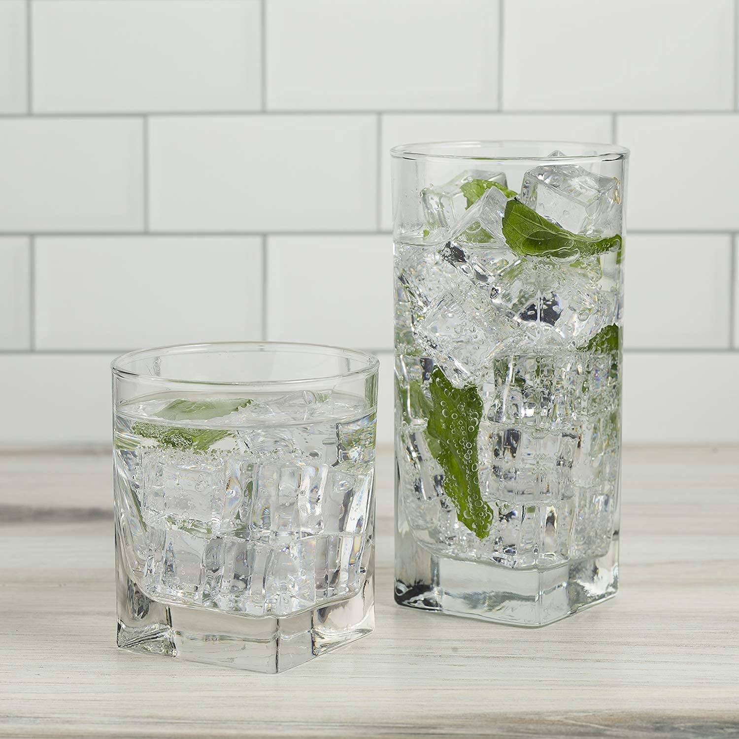 Drinking Glasses, Set of 8 - By Home Essentials and Beyond - 4 Highball Glasses (16 OZ) And 4 Rocks Glasses (10 OZ) Heavy Square Base Glass Cups for Water, Juice, Beer, Wine, And Cocktails.  - Like New