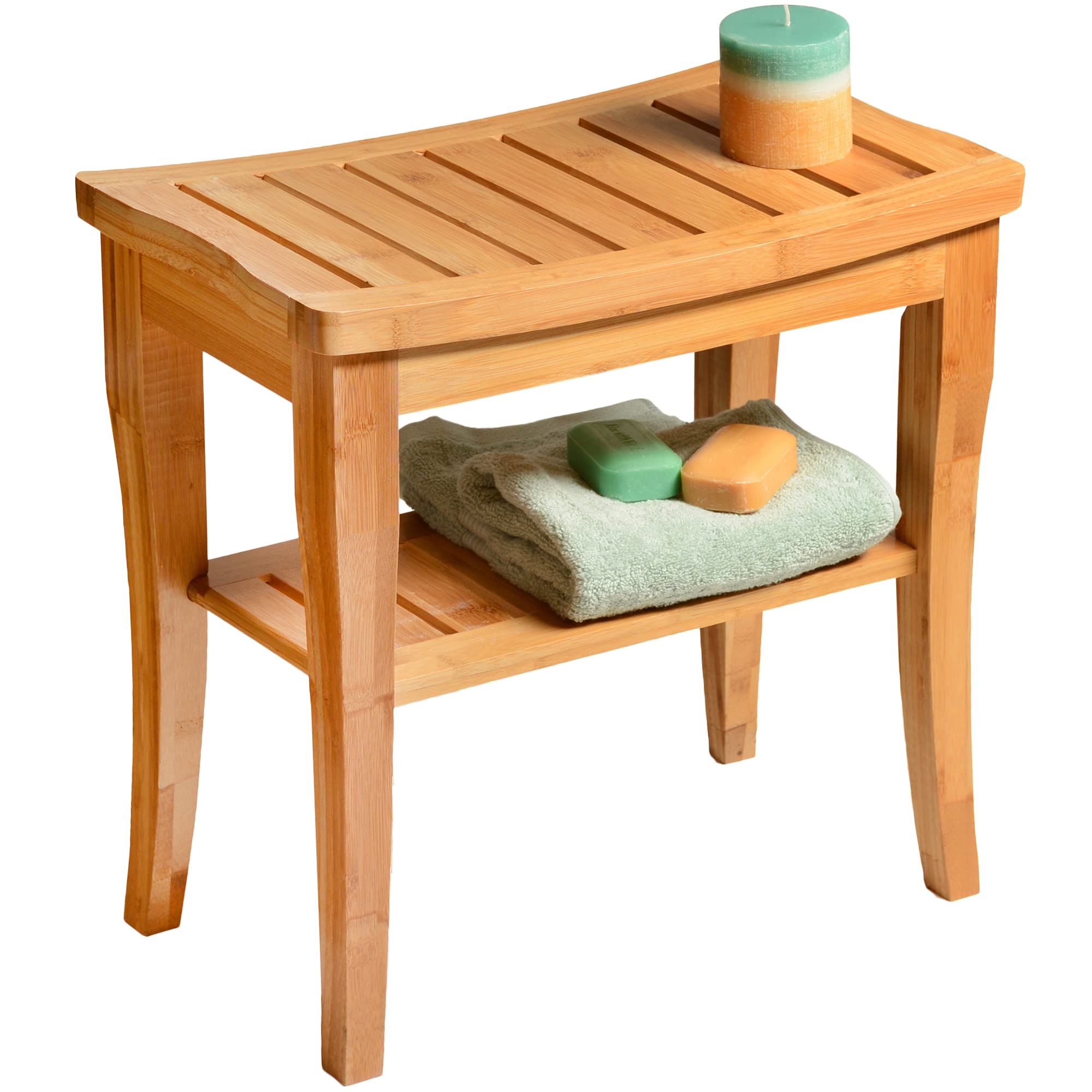 Bamboo Shower Bench Spa Stool - Wood 2-Tier Seat, Foot Rest Shaving Stool with Non-Slip Feet + Storage Shelf - Seat or Organizer for Bathroom, Living Room, Bedroom and Garden D�cor  - Very Good