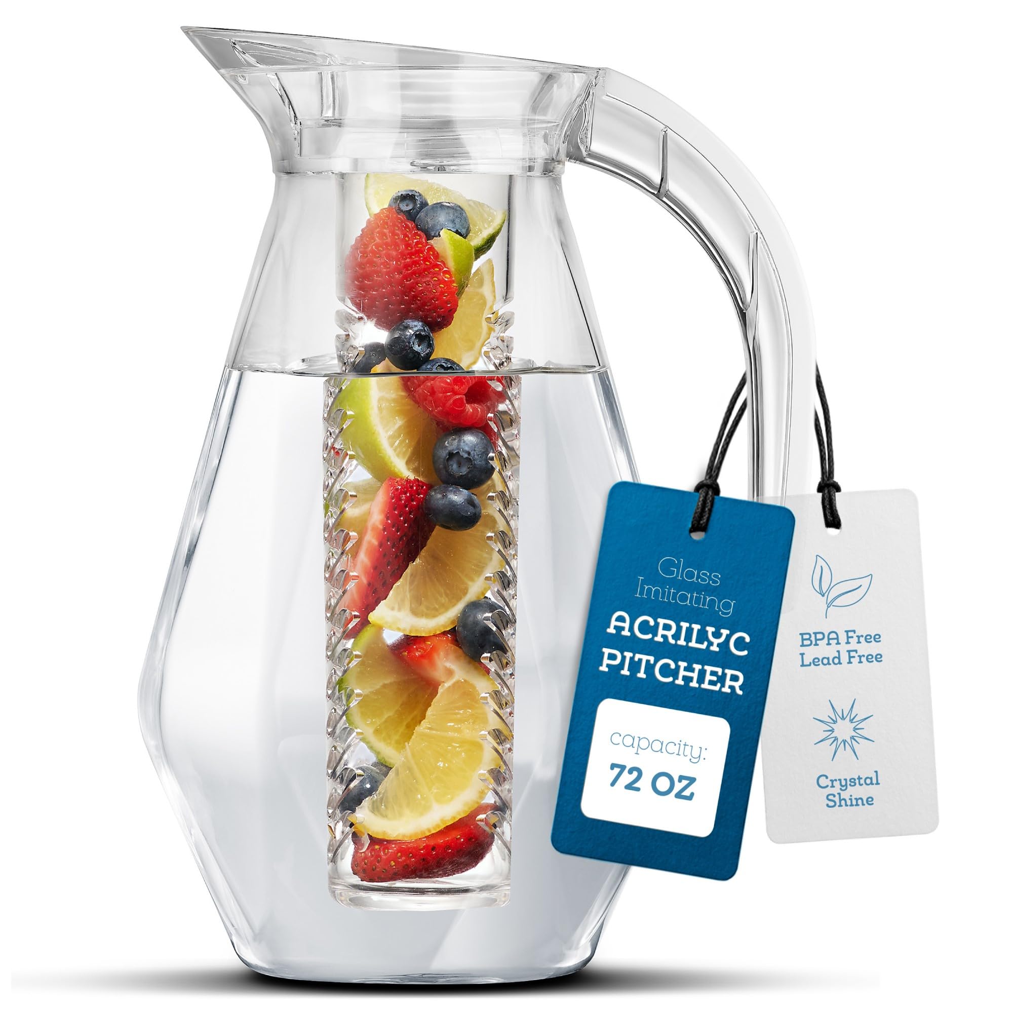 MosJos Acrylic Pitcher (72 oz), Clear Plastic, Water Pitcher with Lid, Shatterproof, BPA-Free Clear Pitcher, Ideal for Sangria, Lemonade, Juice, Iced Tea & More (Infuser- Acrylic Pitcher)  - Like New