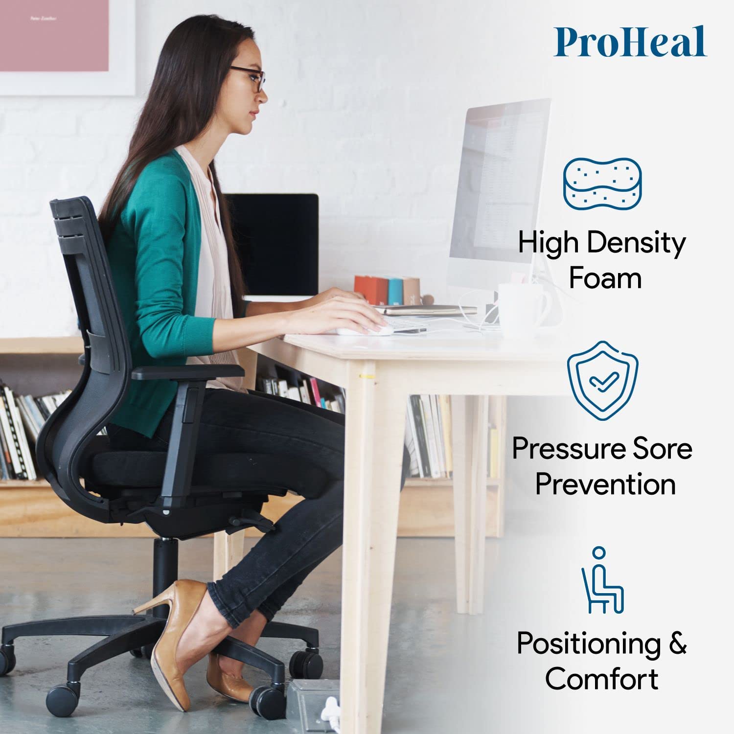 ProHeal Foam Wheelchair Cushion - Comfort and Pressure Relief Seat Cushion for Office Chair - Prevents and Treats Pressure Sores - Breathable and Fluid Resistant Stretch Nylon Cover  - Like New