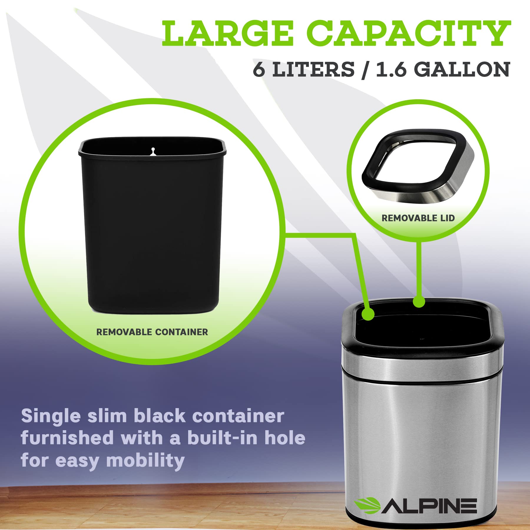 Alpine Industries 6 L / 1.6 Gal Stainless Steel Slim Open Trash Can - Compact Garbage Bin - Wide Access Top Slender Durable Receptacle with Sturdy Plastic Liner  - Like New