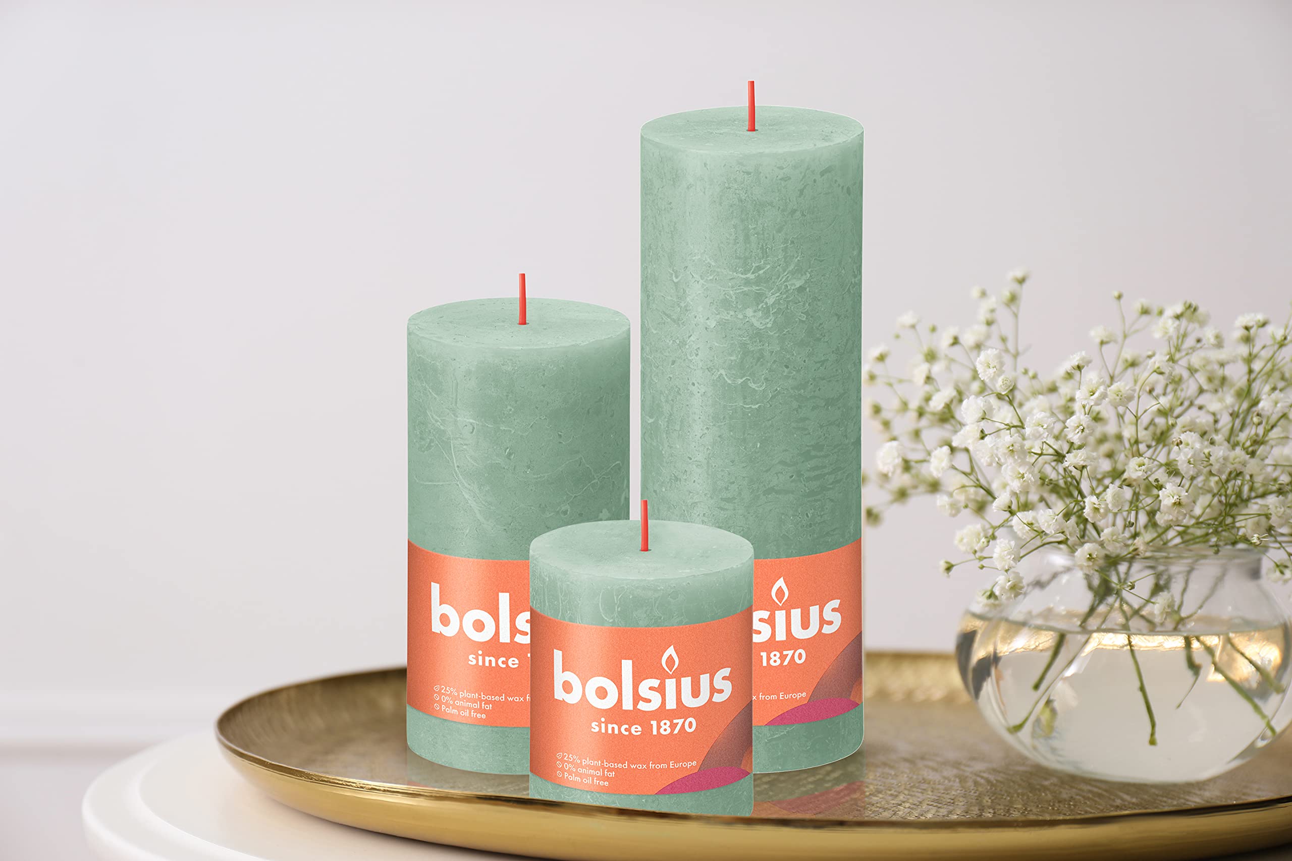 BOLSIUS 4 Pack Sage Green Rustic Pillar Candles - 2.75 X 3.25 inches - Premium European Quality - Includes Natural Plant-Based Wax - Unscented Dripless Smokeless 35 Hour Party and Wedding Candles  - Very Good