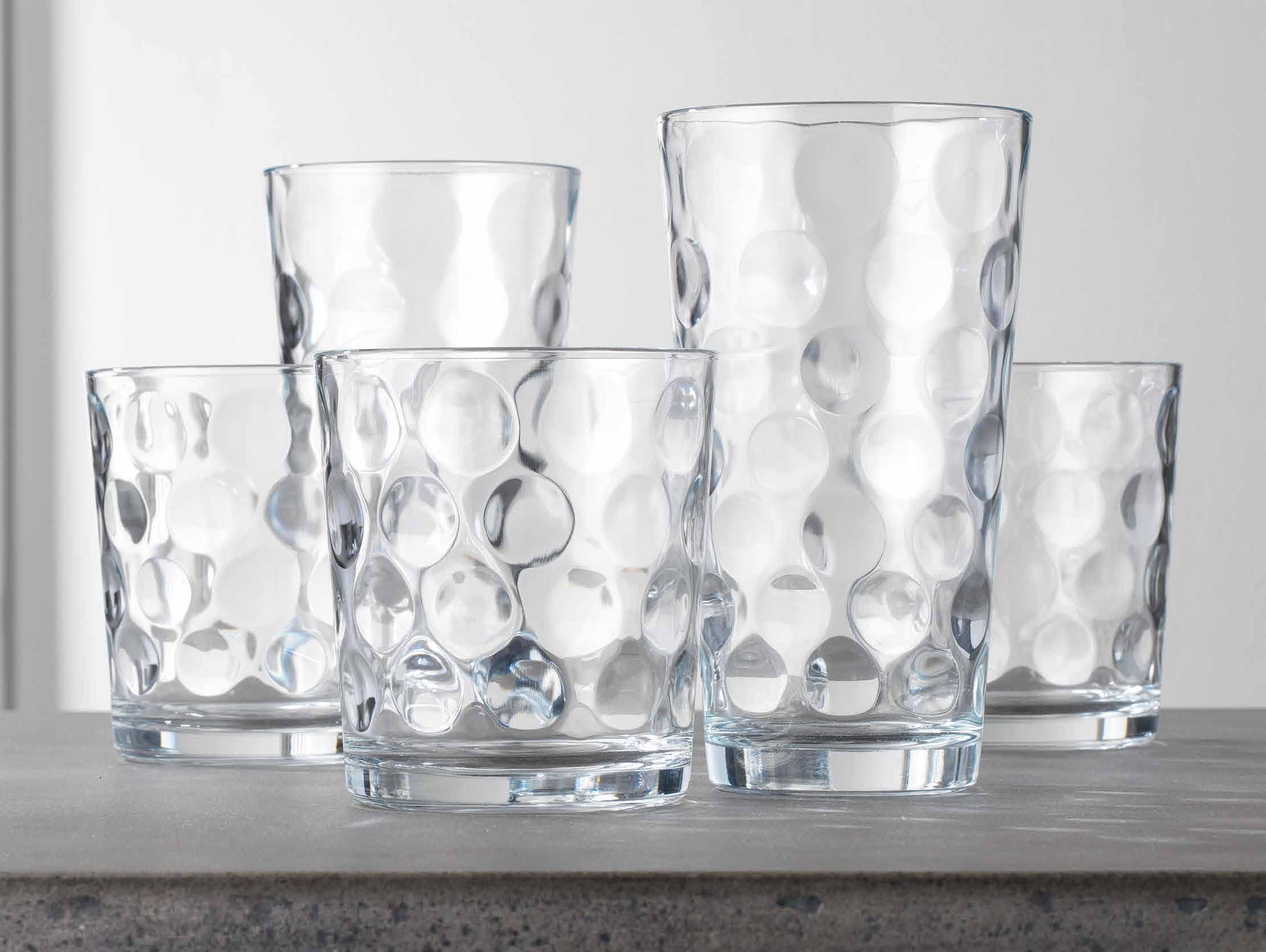 Drinking Glasses Set Of 16 - By Home Essentials - 8 Highball Glasses (17 oz.), 8 Rocks Whiskey Glass cups (13 oz.), Inner Circular Lensed Glass Cups for Water, Juice and Cocktails.  - Like New