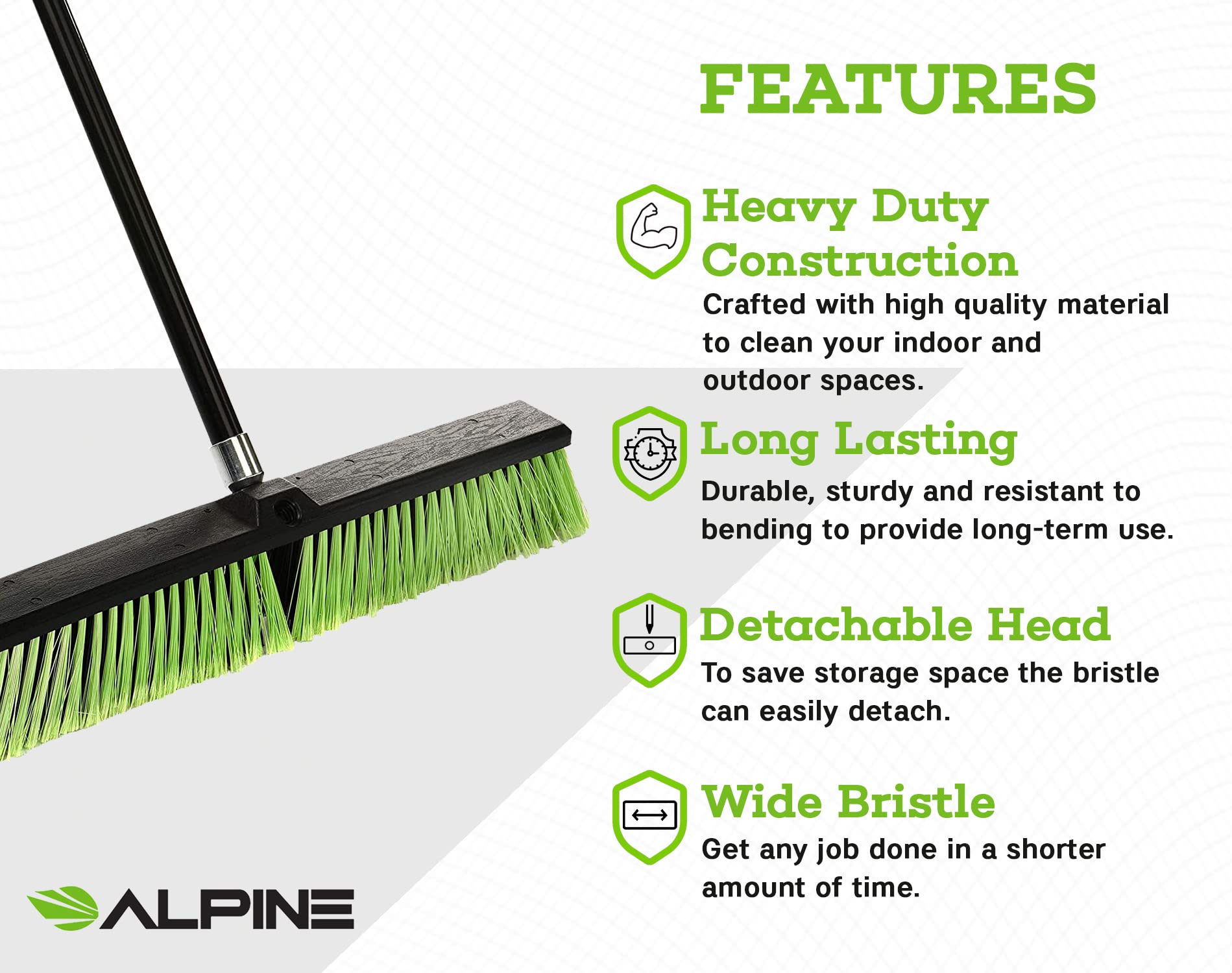 Alpine Industries Push Broom Heavy Duty Smooth Surface Broom Deck Scrubber Long Handle Commercial Floor Scrub Broom Cleans Dirt, Debris, Sand, Mud, Leaves and Water  - Like New