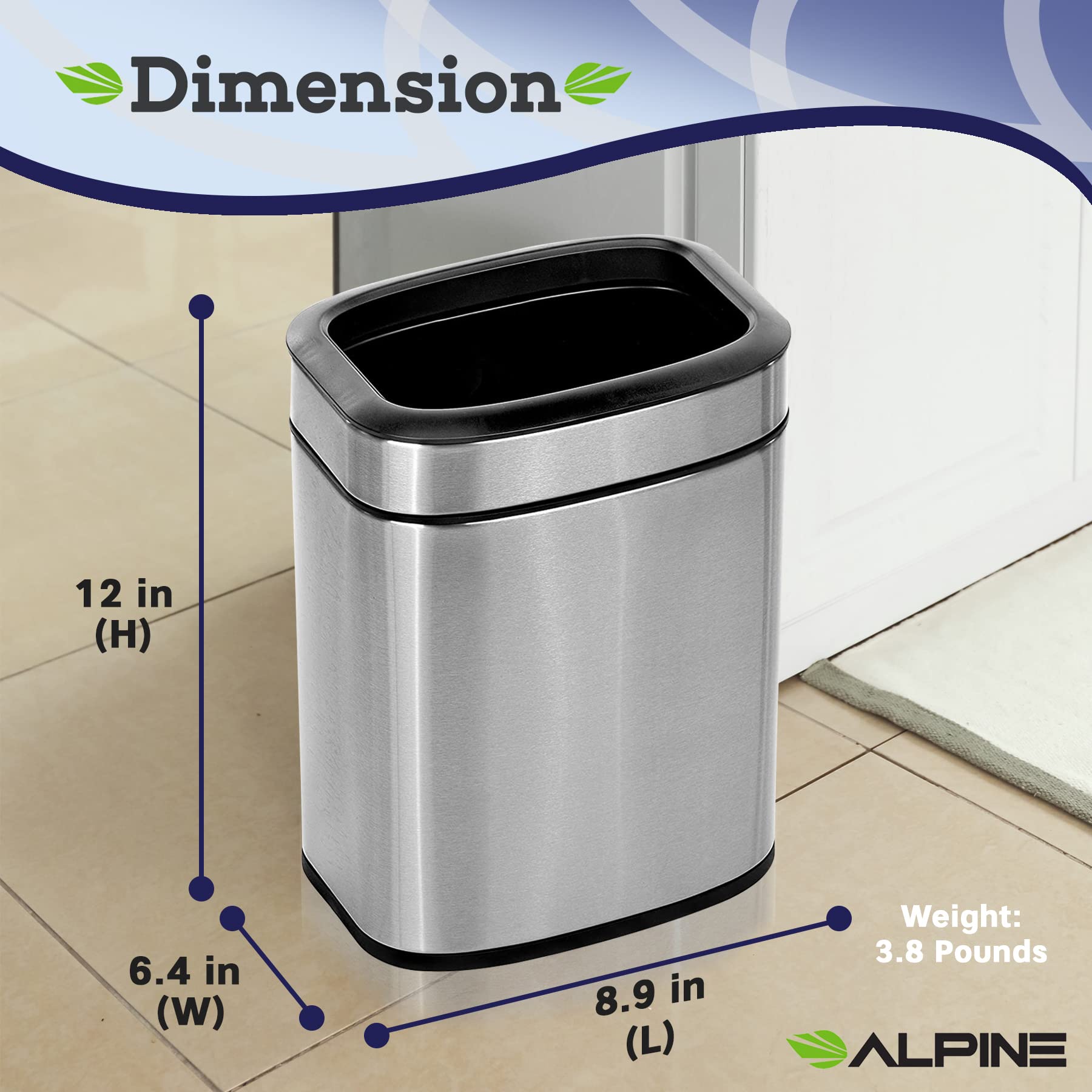 Alpine Industries 6 L / 1.6 Gal Stainless Steel Slim Open Trash Can - Compact Garbage Bin - Wide Access Top Slender Durable Receptacle with Sturdy Plastic Liner  - Like New