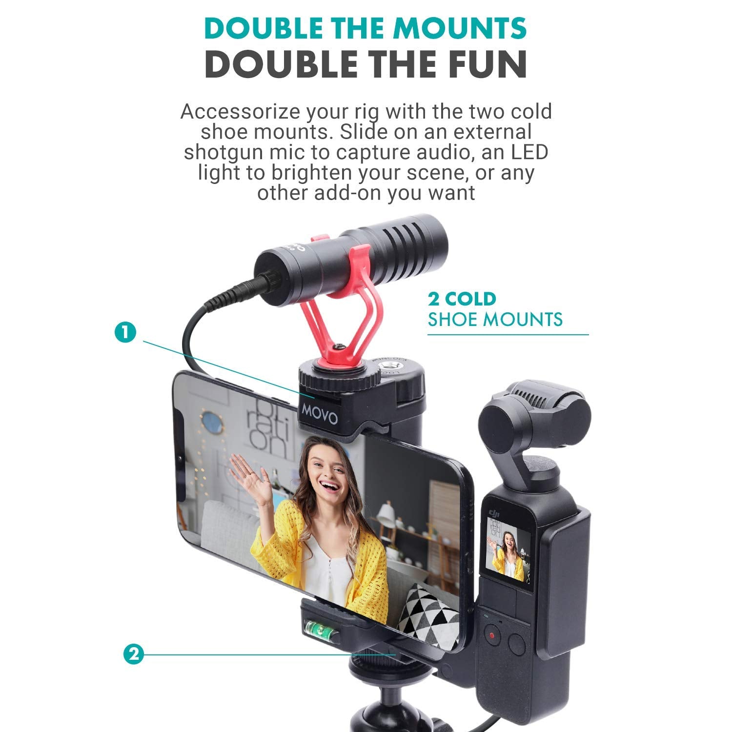 Movo Video Rig Compatible with The DJI OSMO Pocket 1, 2 - Includes Universal Smartphone Mount, Grip Handle, and 2 Cold Shoes for Mounting Microphone, Light - OSMO Pocket Microphone and Video Rig  - Like New