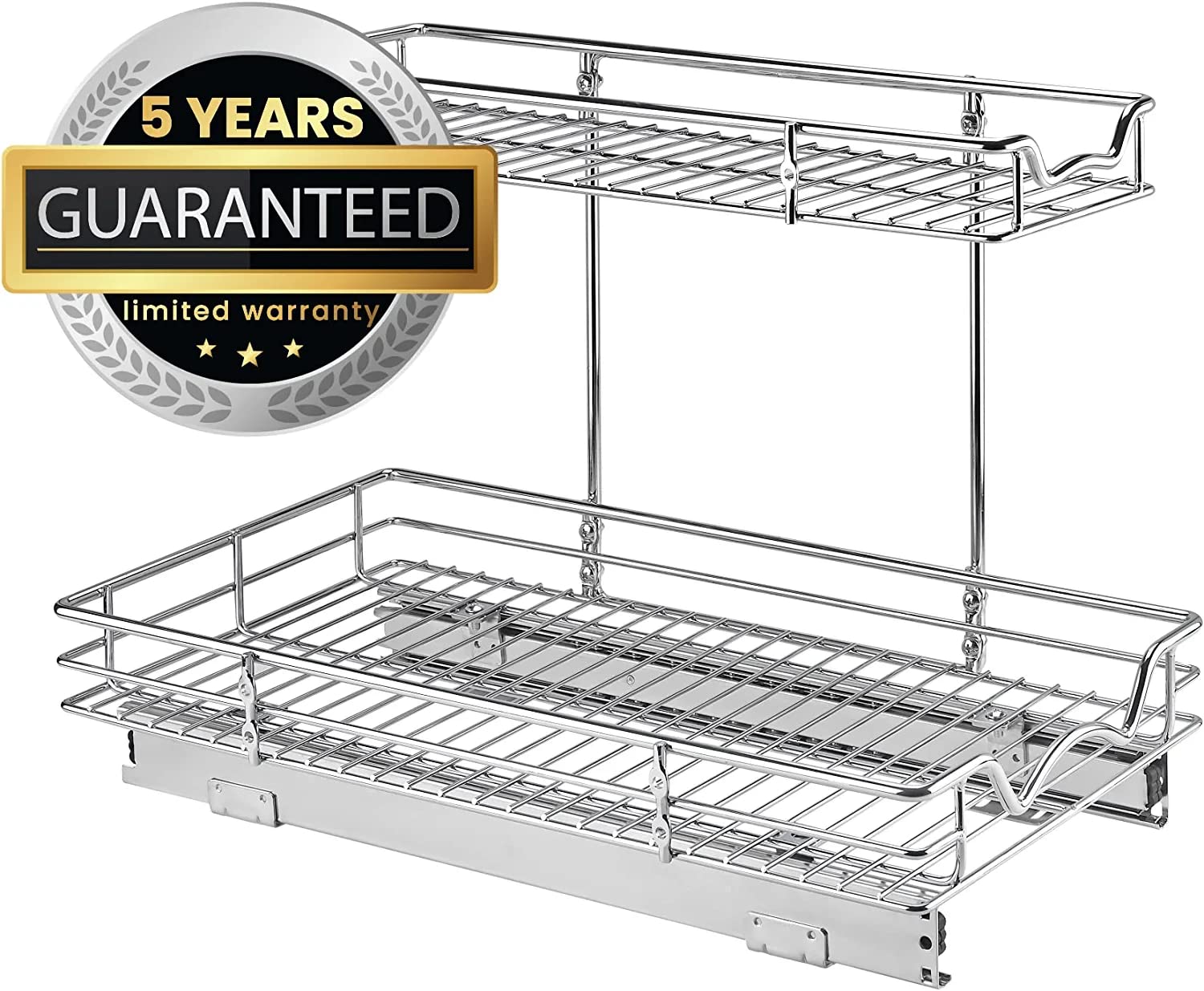 Under the Sink Pull Out Cabinet Organizer Sliding Shelf- Heavy Duty Metal, with 5 Year Limited Warranty- 2 Tier Slide Out Shelf, Multi-Use, for Cleaning Products, Kitchen and Pantry Supplies- Anti Rust Chrome  - Like New