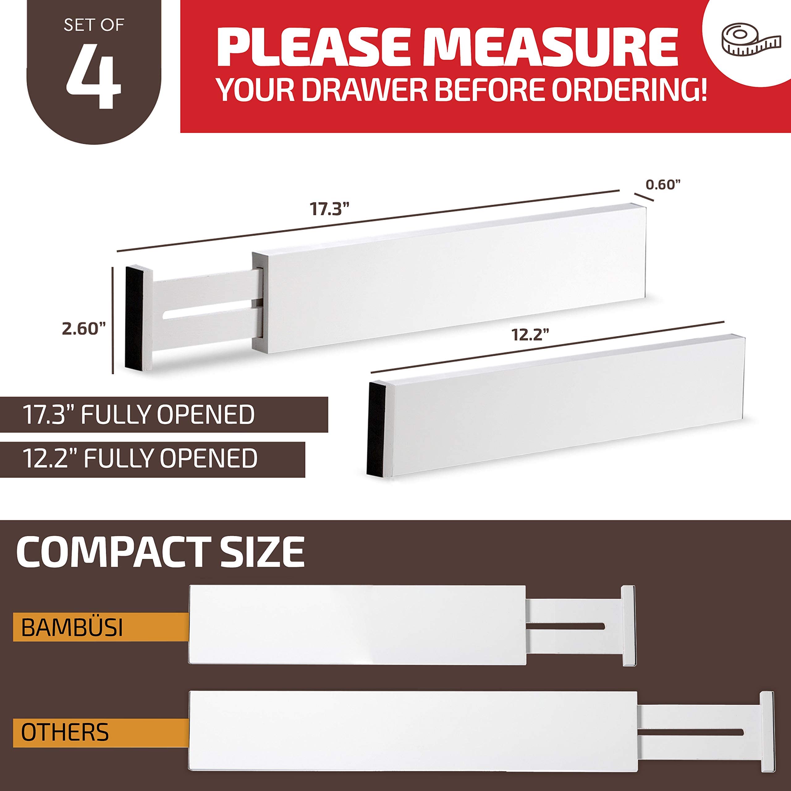 Bamb�si Adjustable Drawer Dividers - Expandable 12.5" to 17.3" - Drawer Organizer for Kitchen, Dresser, Bedroom, Bathroom, Clothes Drawer Divider Separators, 4-Pack (White Bamboo)  - Very Good