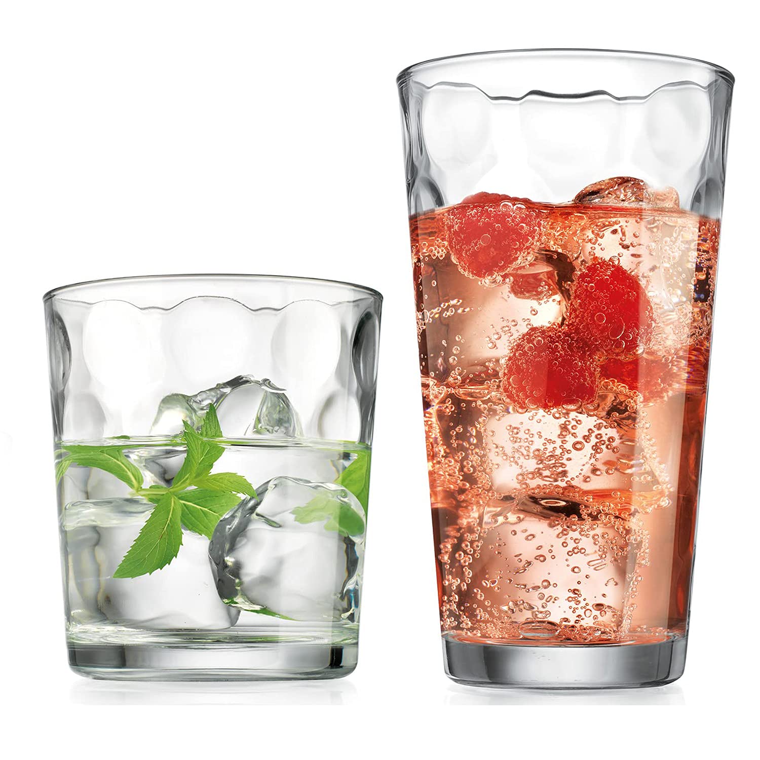 Drinking Glasses Set Of 16 - By Home Essentials - 8 Highball Glasses (17 oz.), 8 Rocks Whiskey Glass cups (13 oz.), Inner Circular Lensed Glass Cups for Water, Juice and Cocktails.  - Like New