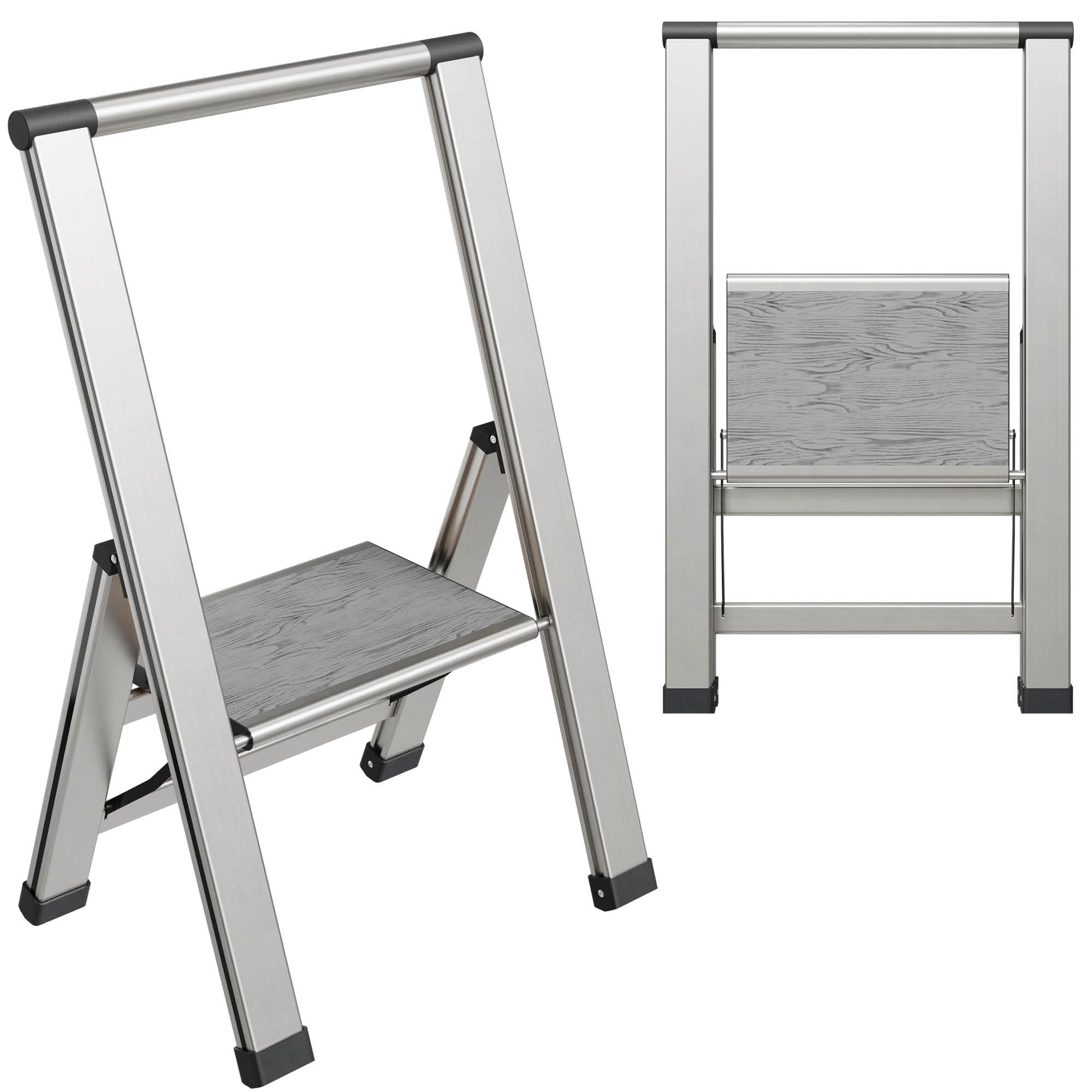 Step Ladder Folding, Decorative - Beautiful Gray Wood & Black Aluminum  - Like New