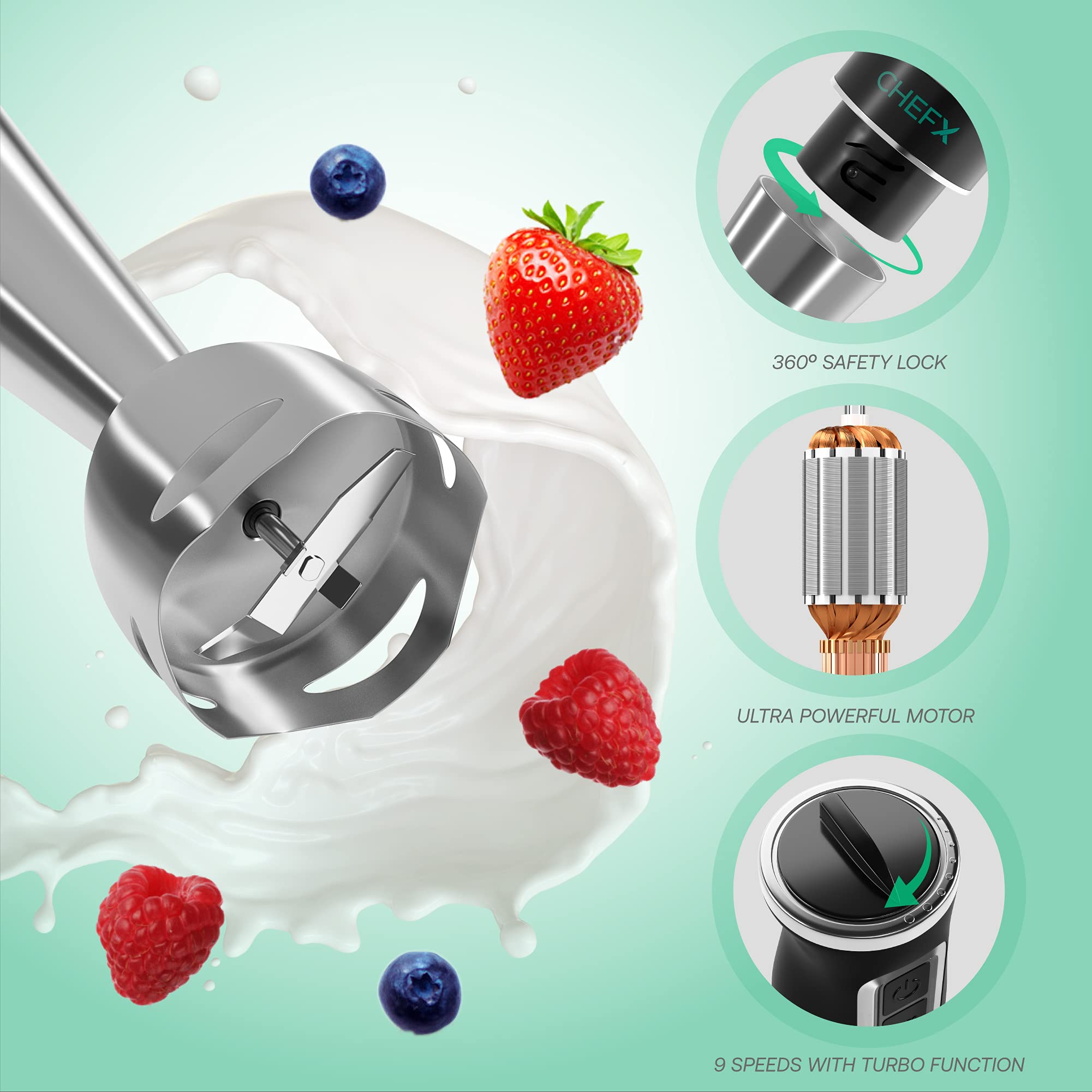 CHEFX 5-in-1 Immersion Blender - 9 Speed Ultra Powerful Stainless Steel Hand Mixer for Kitchen - Electric Handheld Stick Frother - Chop/Grind/Whisk/Froth/Blend - Turbo Mode - Food Grinder + Container  - Acceptable