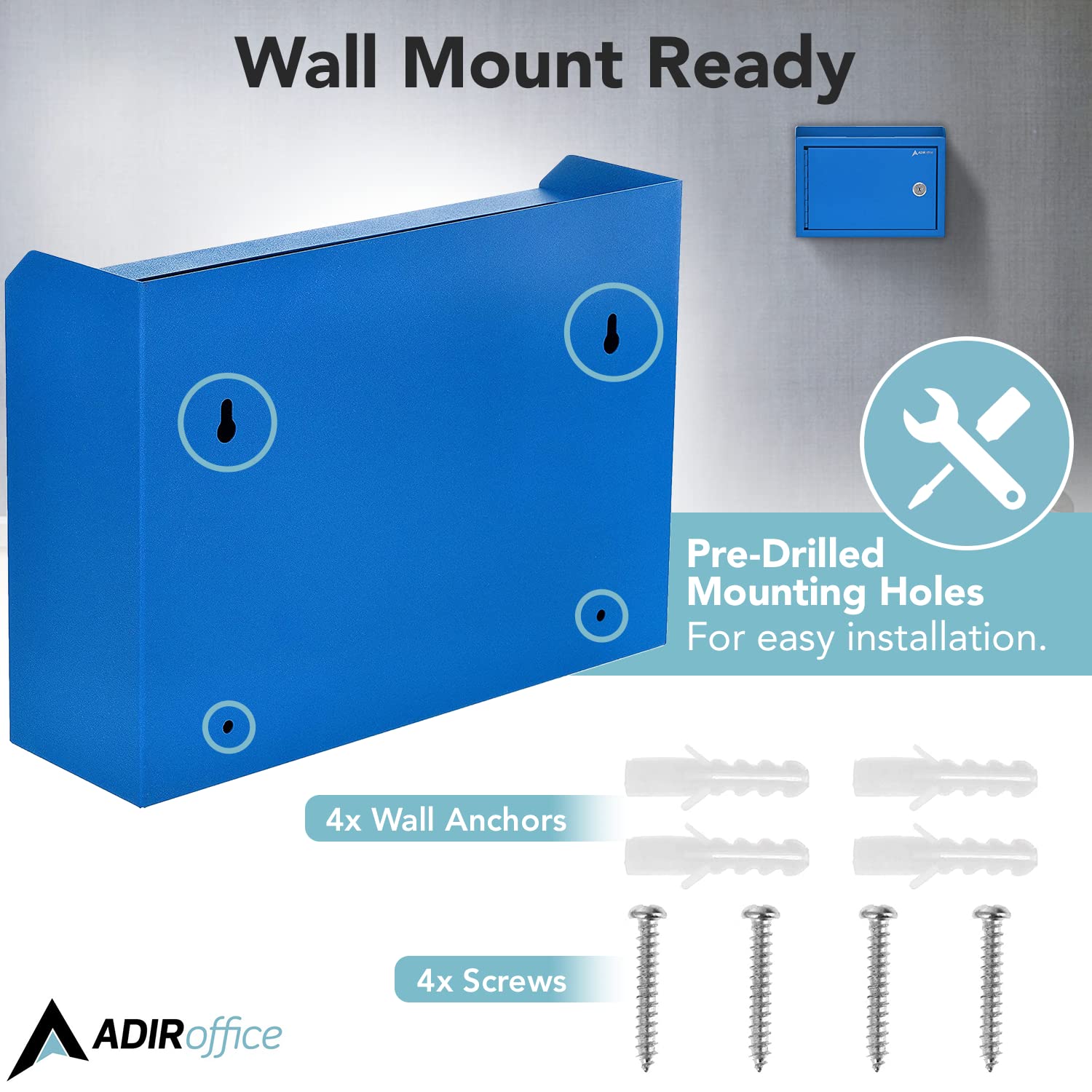 AdirCorp. Suggestion Box with Lock, Safe Wall Mounted Mail Box, Key Drop, Donation File and Money Organizer, 9.75x7x3 (Blue)  - Very Good