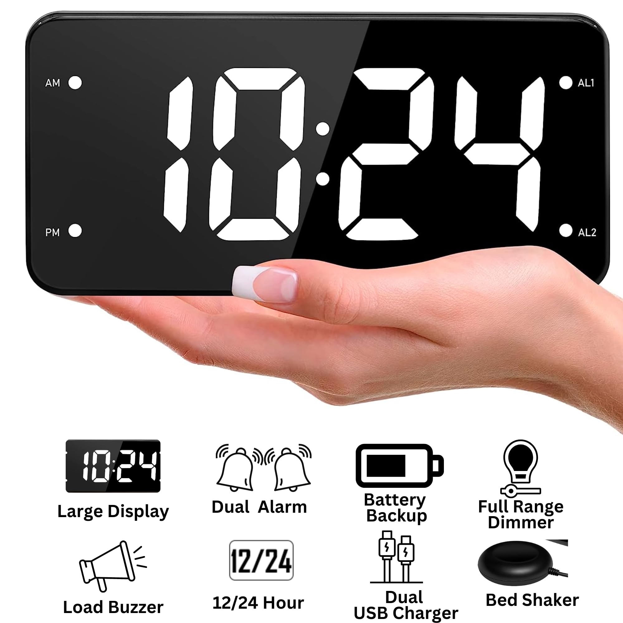 Digital Loud Alarm Clock for Heavy Sleepers Adults with Bed Shaker - Ideal for Hearing Impaired People - Dual Alarm Settings & 2 USB Charger - 7 Inch Display  - Like New