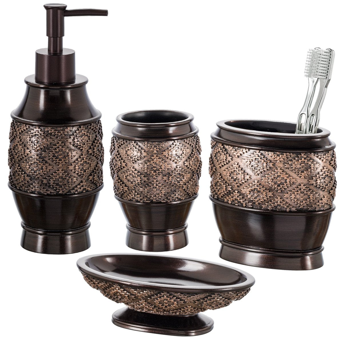 Creative Scents Dublin Bathroom Accessories Set, Bathroom Decor Sets Accessories Includes Soap Dispenser, Bar Soap Dish, Tumbler, and Toothbrush Holder for Your Vanity Countertop (Brown)  - Like New