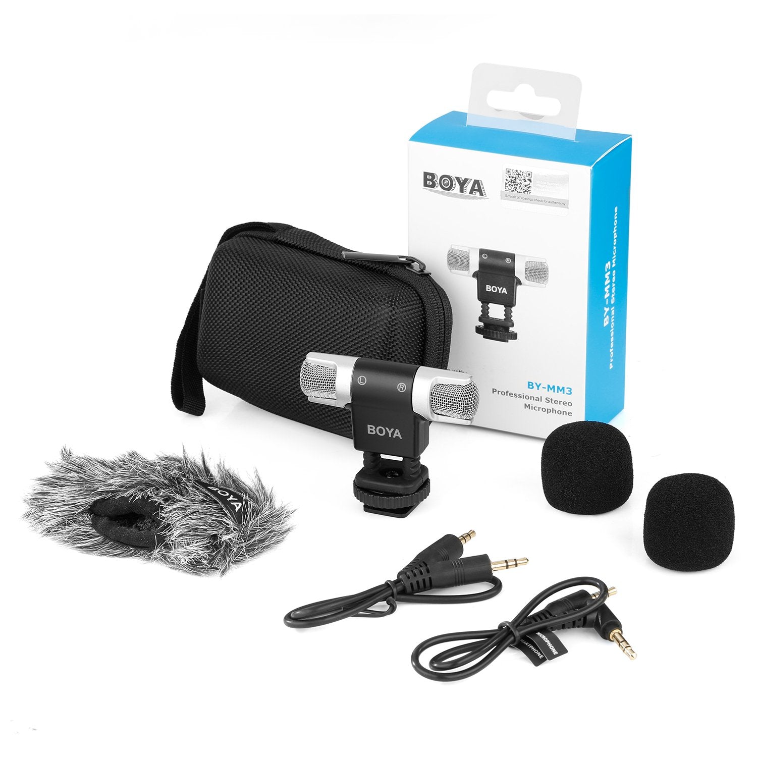 BOYA MM3 Compact Condenser Stereo Video Microphone Including Shock Mount, Foam & Deadcat Windscreens, Case Compatible with iPhone/Andoid Smartphones, Canon Nikon DSLR Cameras and Camcorders  - Like New