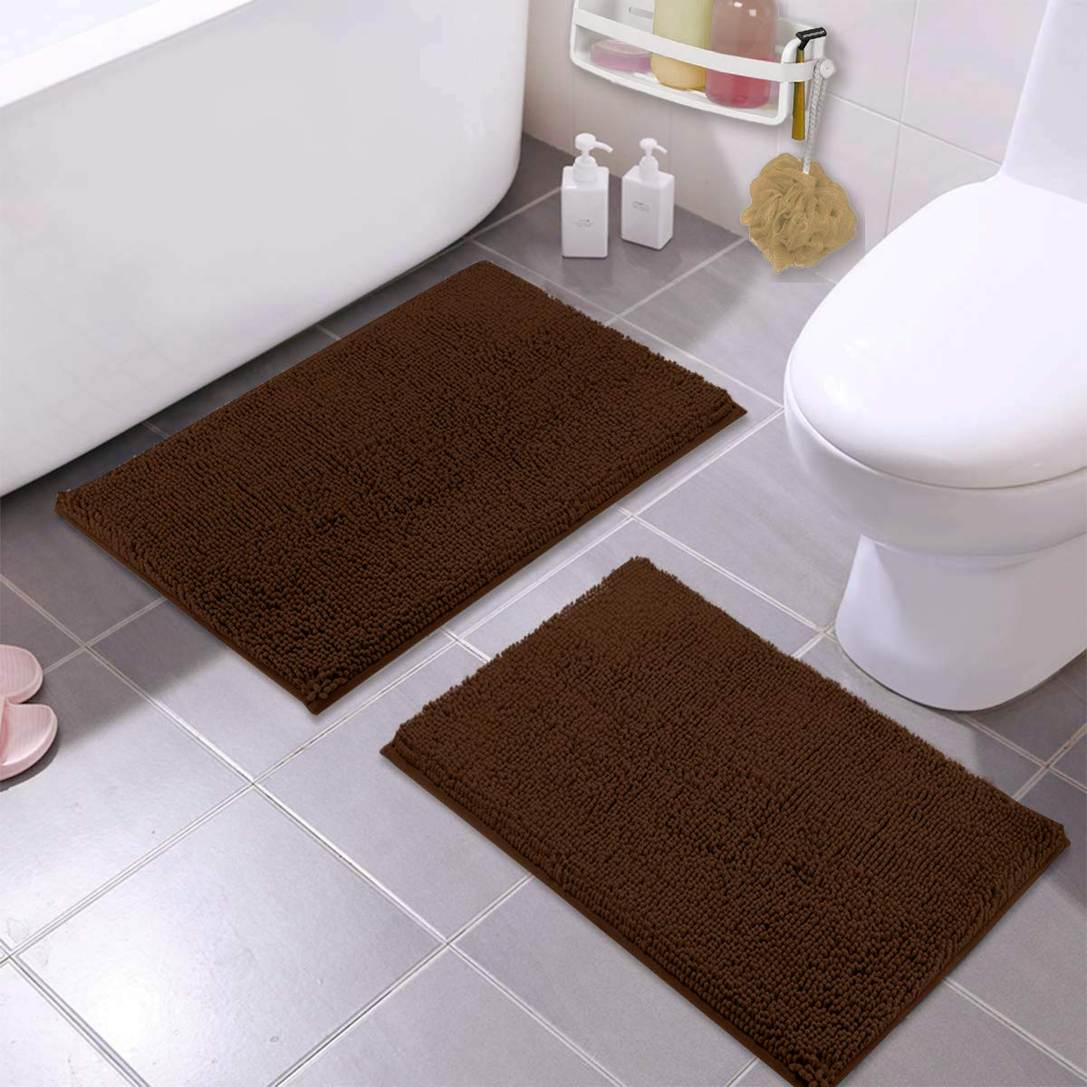 LuxUrux Bathroom Rug Mat Set�Extra-Soft Plush Bath mat Shower Bathroom Rugs 16 x 24 inch Set,1'' Chenille Microfiber Material, Super Absorbent. (15 x 23'', Brown)  - Like New