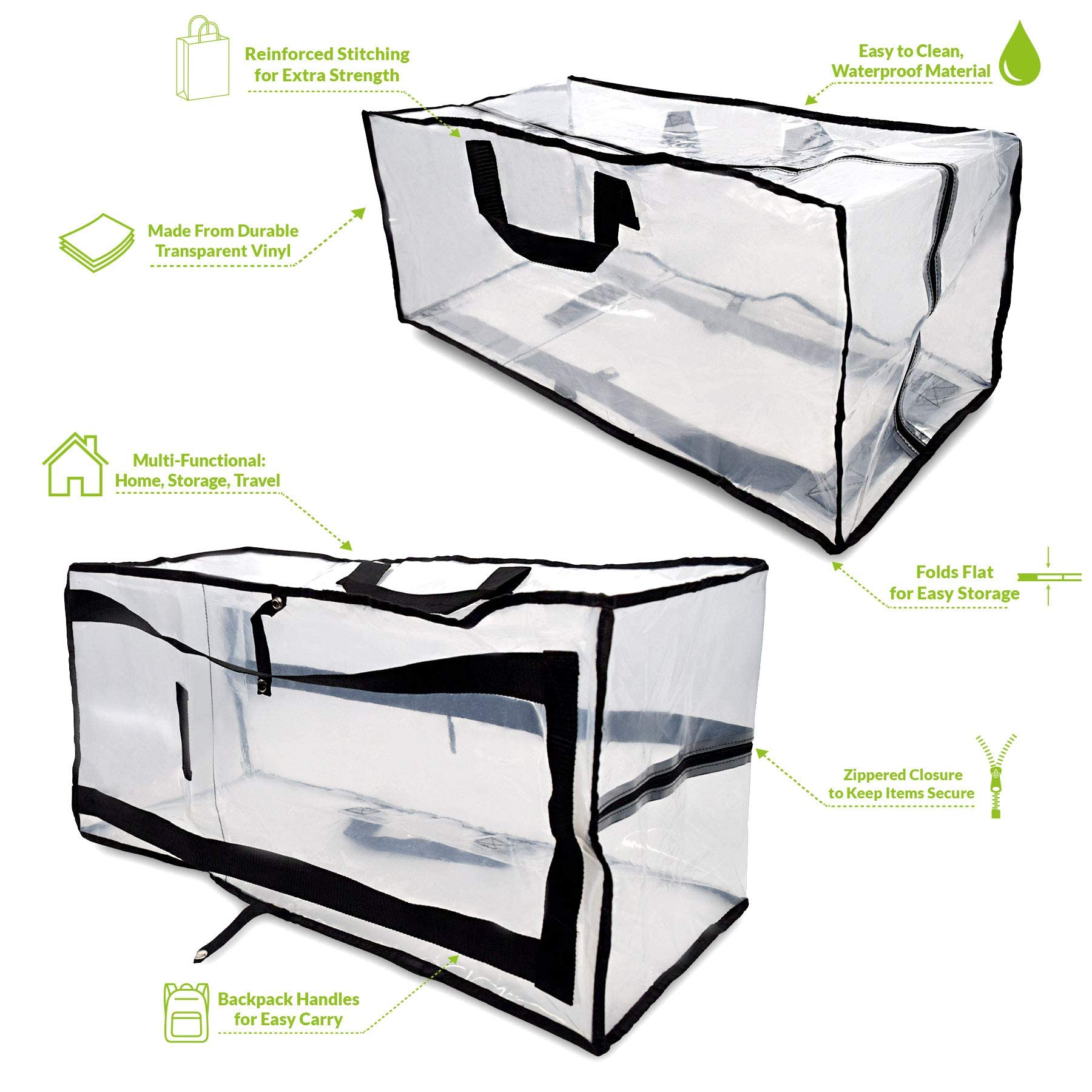 Clear Storage Bags - 3 Pack Zippered Moving Bags, See Thru Transparent Heavy Duty Totes with Handles, Large & Waterproof for Clothes, Blankets, Linens, Packing, Organizing, Under Bed - 27x12x13.75  - Good