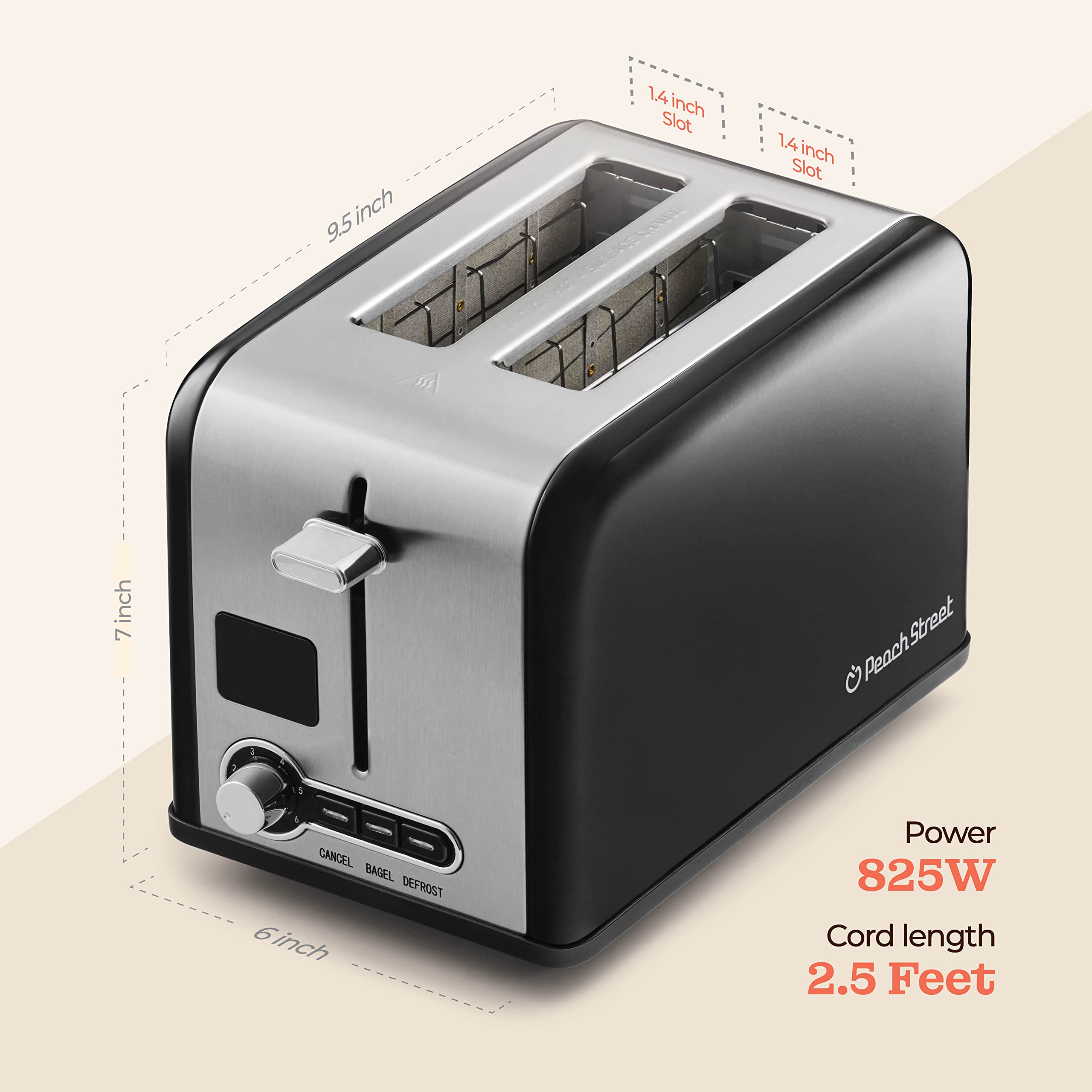 Peach Street Slice Toaster Compact Bread Toaster with Digital Countdown, Wide Slots, Auto-Pop Stainless Steel, 6 Browning Levels, Removable Crumb Tray, with Defrost, Bagel, and Cancel Function  - Good