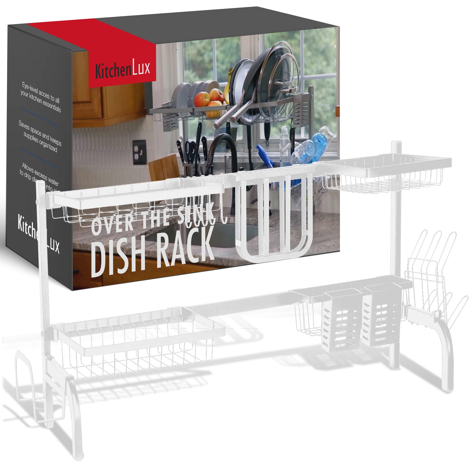 Kitchen Lux Over The Sink Dish Drying Rack - Kitchen Counter Dishes Drainer and Hanging Storage Organizer for Single, Wide, Double Sinks - Space Saving Design, Utensil Holder, Hooks Plate & Cup Rack  - Very Good