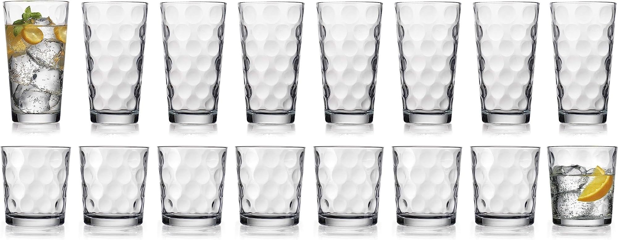 Drinking Glasses Set Of 16 - By Home Essentials - 8 Highball Glasses (17 oz.), 8 Rocks Whiskey Glass cups (13 oz.), Inner Circular Lensed Glass Cups for Water, Juice and Cocktails.  - Acceptable
