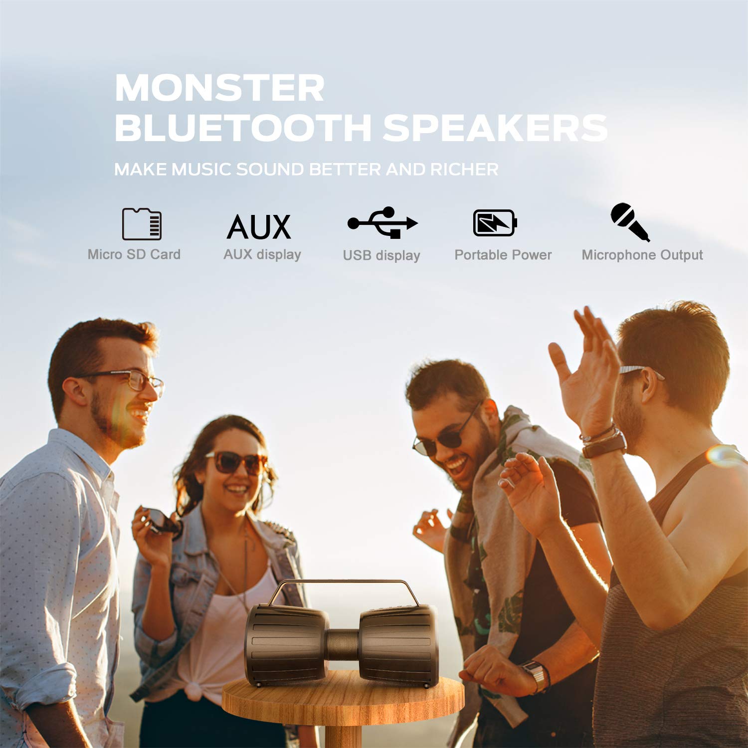 Monster Adventurer Force Bluetooth Speaker IPX7 Waterproof Speaker 5.0 with Microphone Input, 40W Portable Bluetooth Speakers with 40H Playtime for Indoor Outdoor Party, Black  - Like New