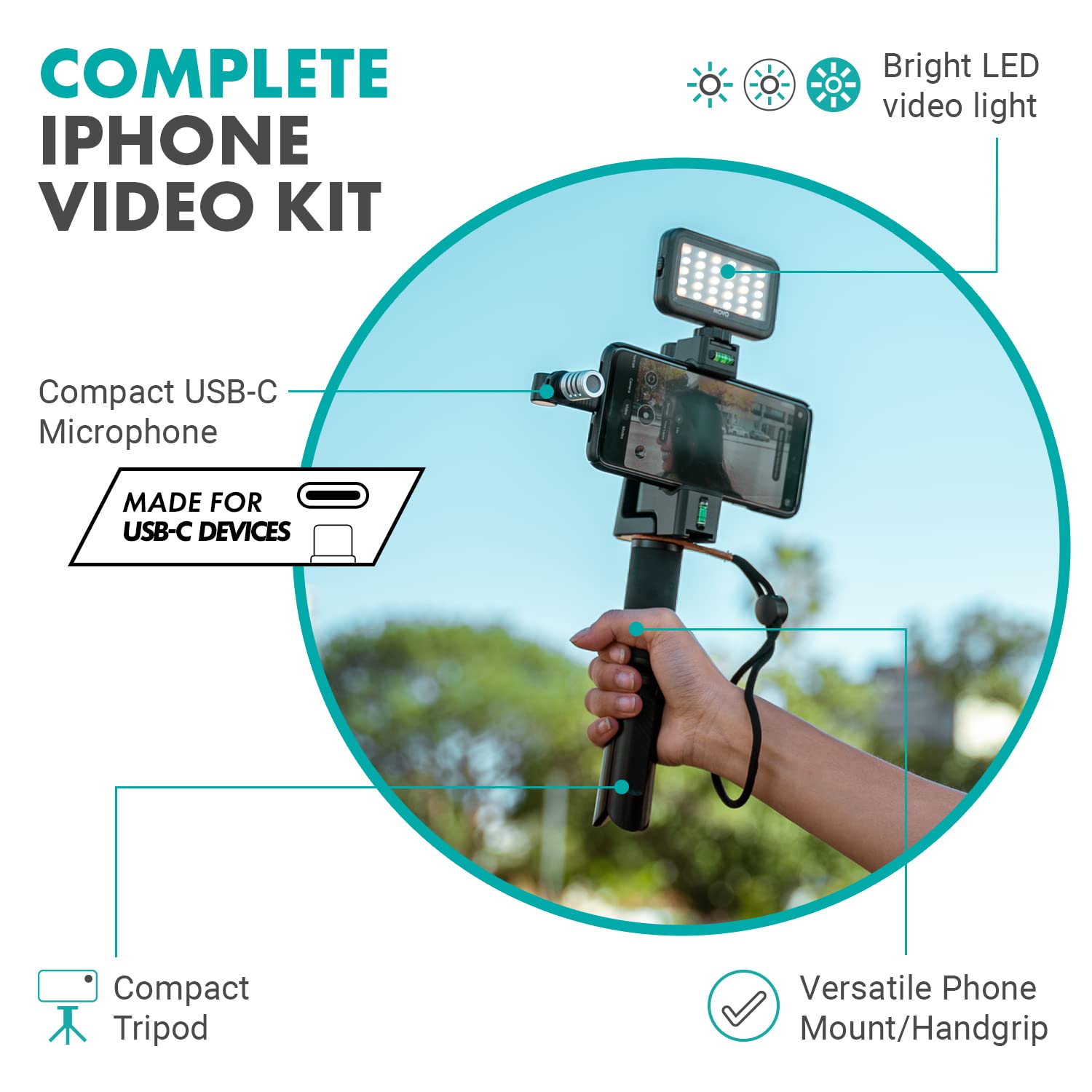Movo uVlogSK Starter Kit for Content Creators - Smartphone Video Vlogging Kit for Android and USB-C Devices - Includes USB-C Microphone, LED Video Light, Phone Holder, Grip, and Mini Tripod  - Acceptable
