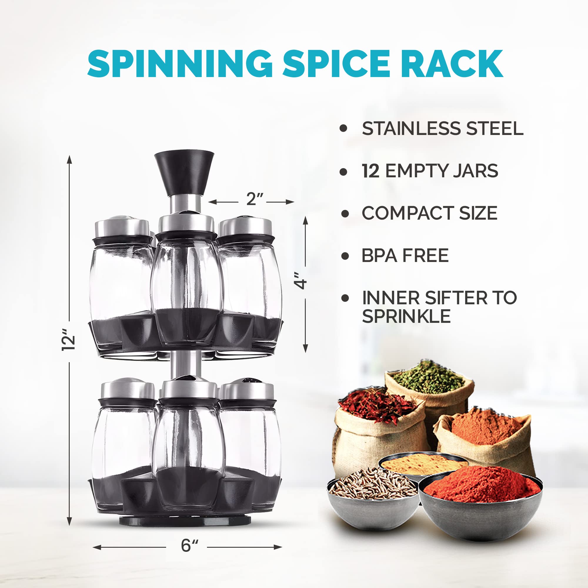 Spice Rack Organizer - Elegant Spice Organizer, Spice Rack with 12 Jars, Seasoning Rack, Compact Spice Rack Organizer for Cabinet or Countertop - Good for Medicine, Craft, Herb or Spice Organization  - Like New